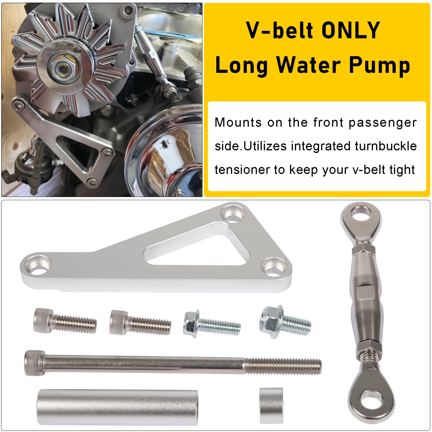 Camoo Billet Alternator Bracket Adjustable Kit for Chevy SBC V8 Polished Aluminum 305 327 350 383 Long Water Pump Silver