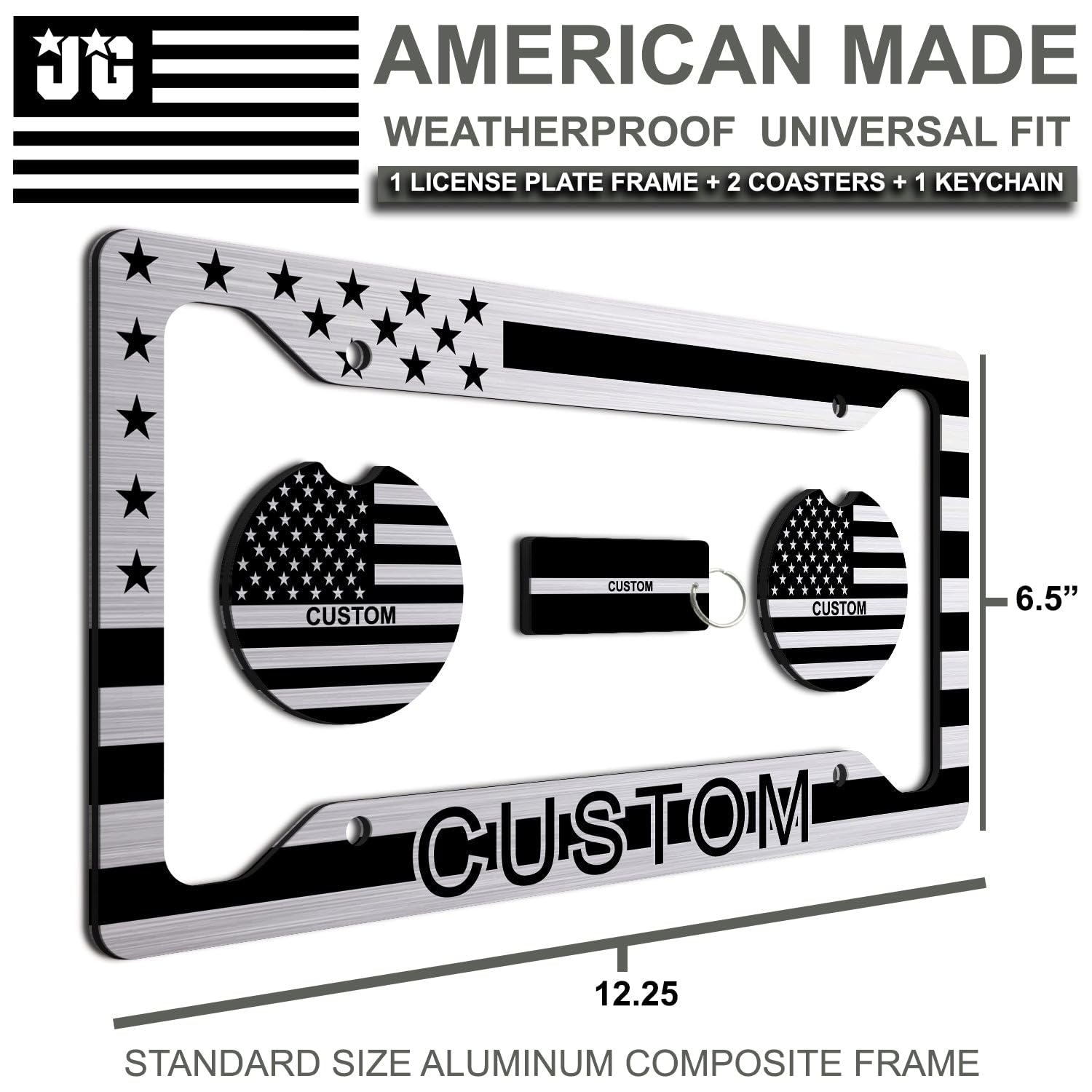 Made In Usa - Personalized American Flag License Plate Frame + 2 Coasters And A Keychain