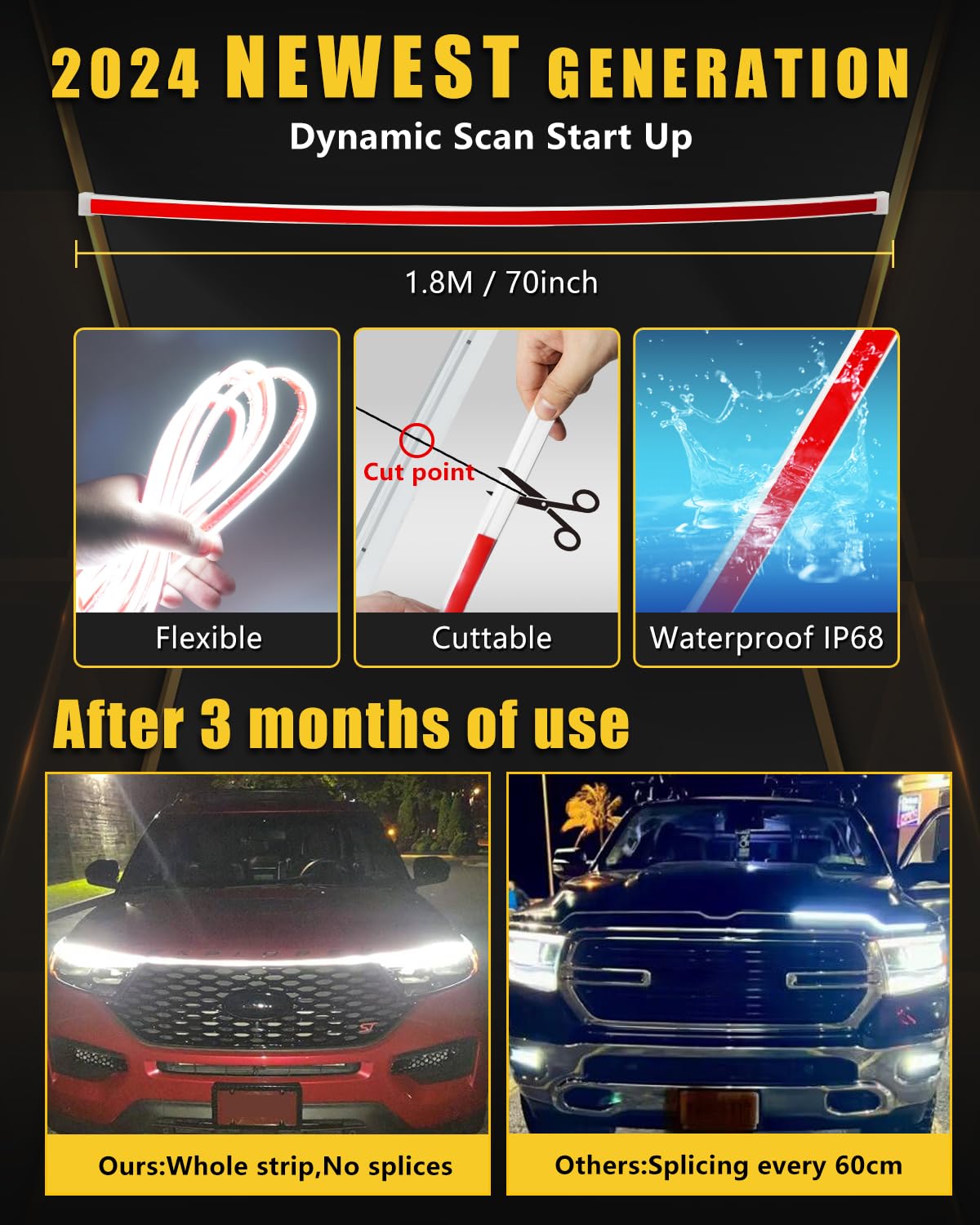 YM E-Bright Dynamic Scan LED Light Strip - 70" Flexible Amber/White Switchback DRL for Cars, Silicone Gel Material