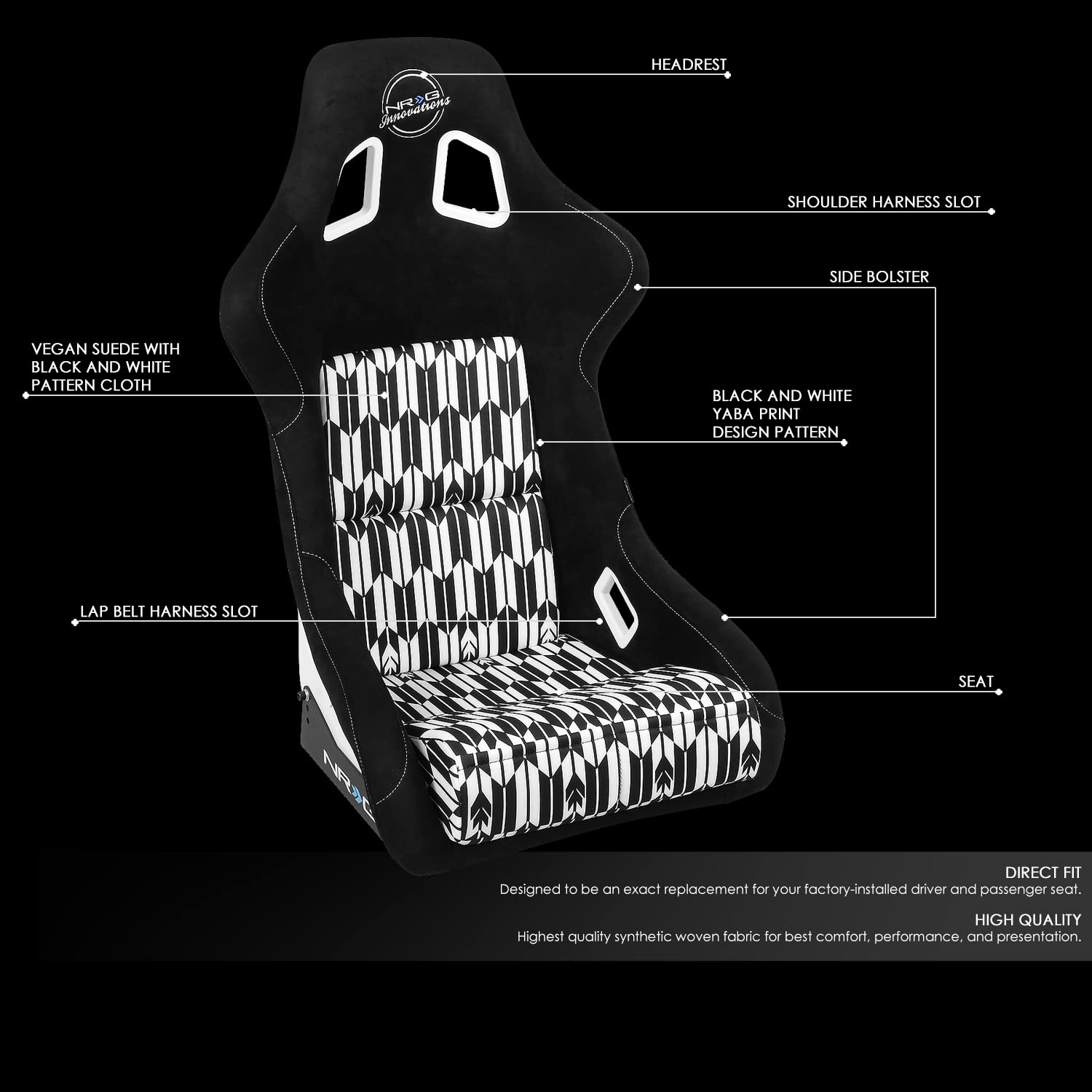 Nrg Innovations Nrg-Frp-302-Yaba Fiber Glass Black/White Yaba Design Fixed Back Bucket Racing Seat W/Side Mount Bracket
