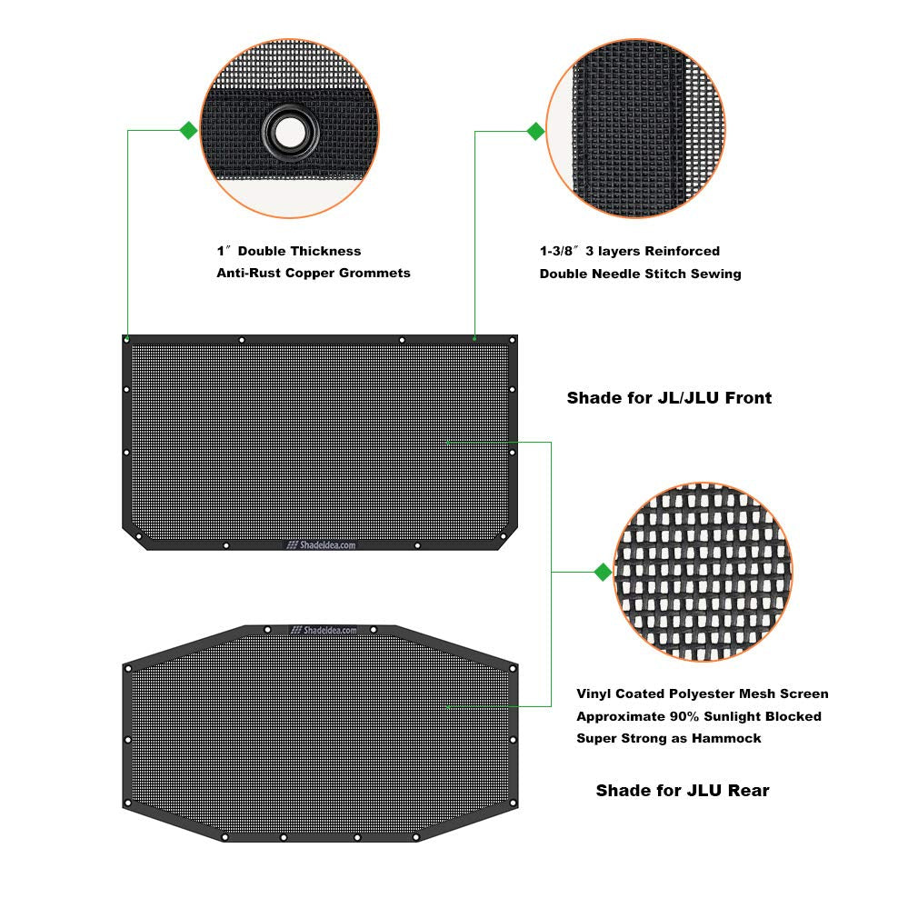 Shadeidea Sun Shade Top For Jeep Wrangler Sunshade Jl Unlimited 4 Door, Front And Rear 2 Piece - Mesh Screen Sunshade Jlu, 2018-