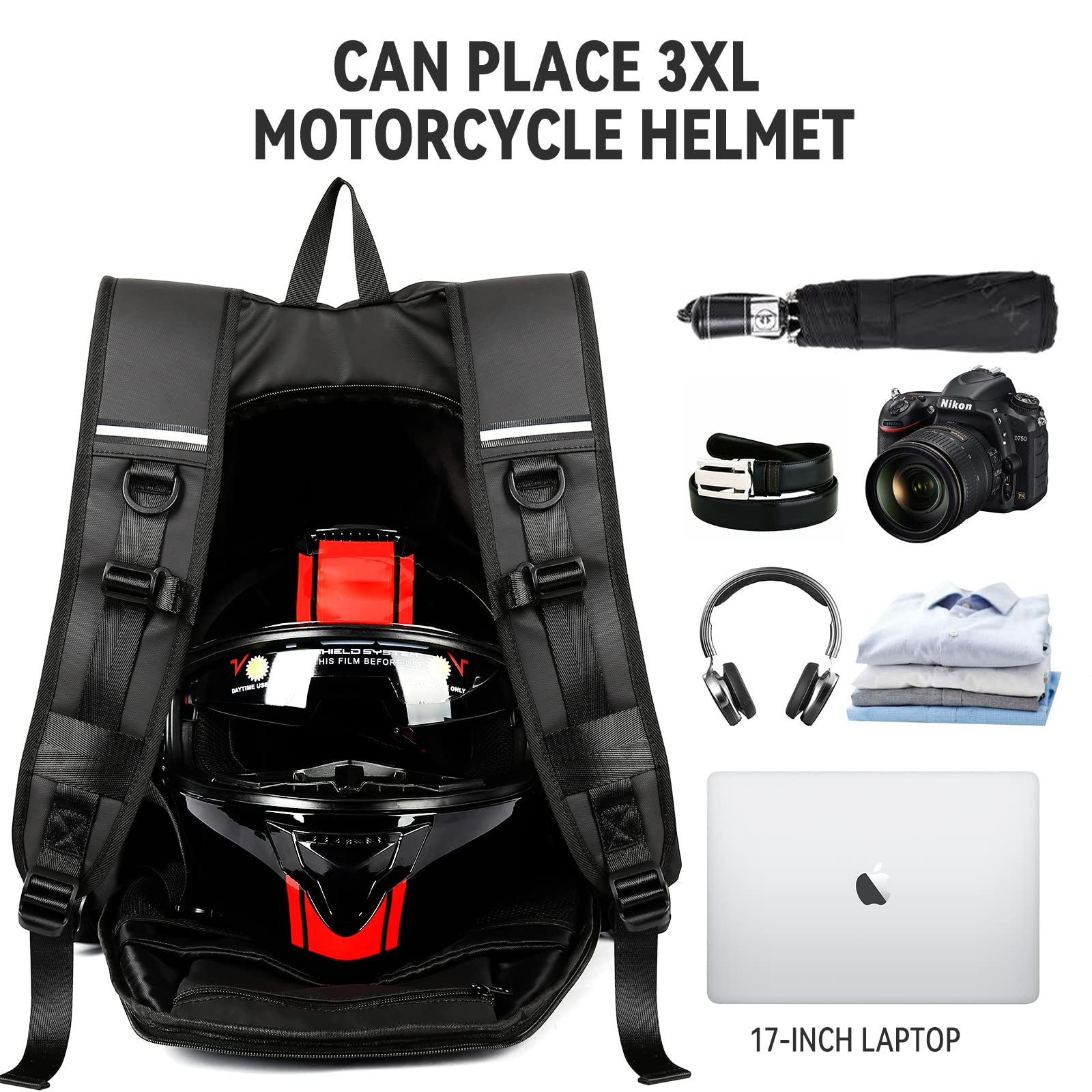 WEPLAN Motorcycle Backpack, Waterproof Nylon Helmet Bag, Large D-black, Model 1105