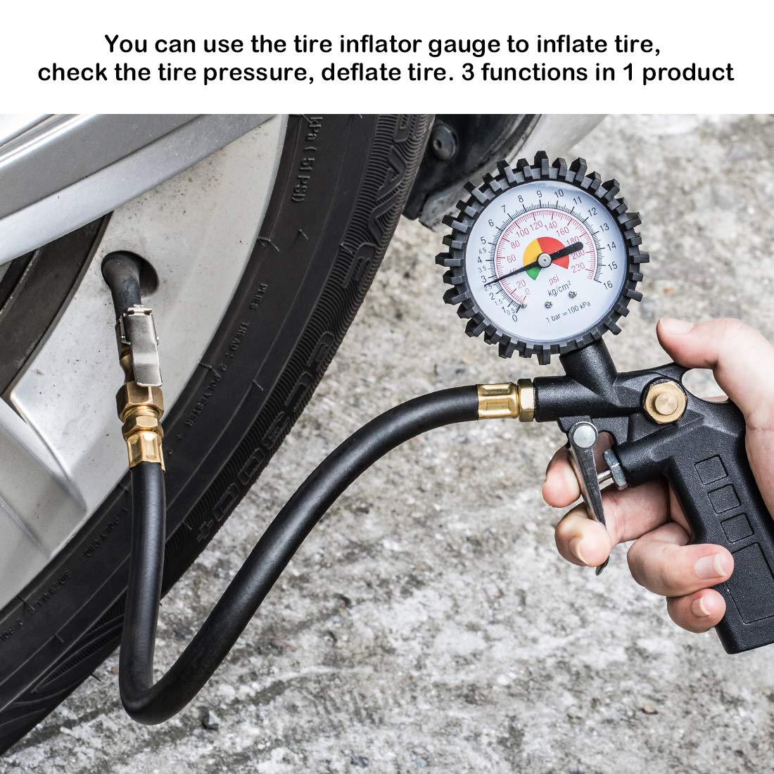 CZC AUTO Tire Inflator Deflator Air Pressure Gauge with Rubber Hose, 2-1/2'' Dial Wheel Inflator Gage with Straight Brass Lock-o