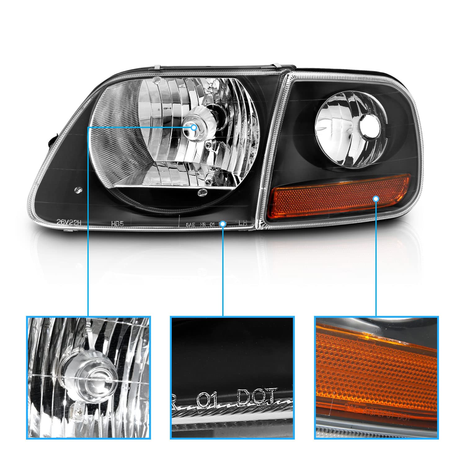 AmeriLite Halogen Headlights & Corner Parking Set for Ford F150 - Black, Crystal, Factory Style, Model 02-AZ-FF97-B-G2-SET-A