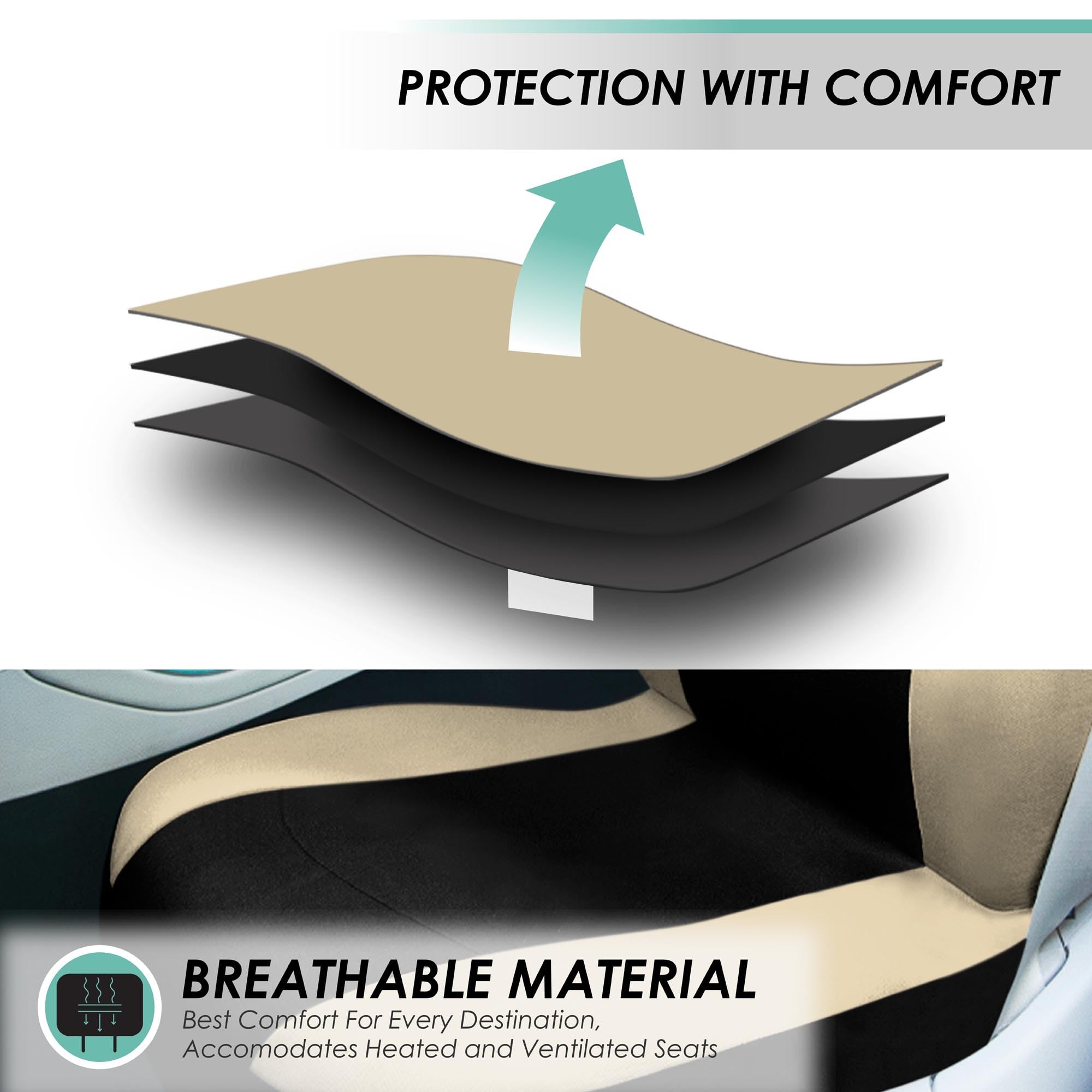 Automotive Seat Covers Beige Black Universal Fit Seat Cover Combo Set With Steering Wheel Cover And Seat Belt Pad (Airbag Compat
