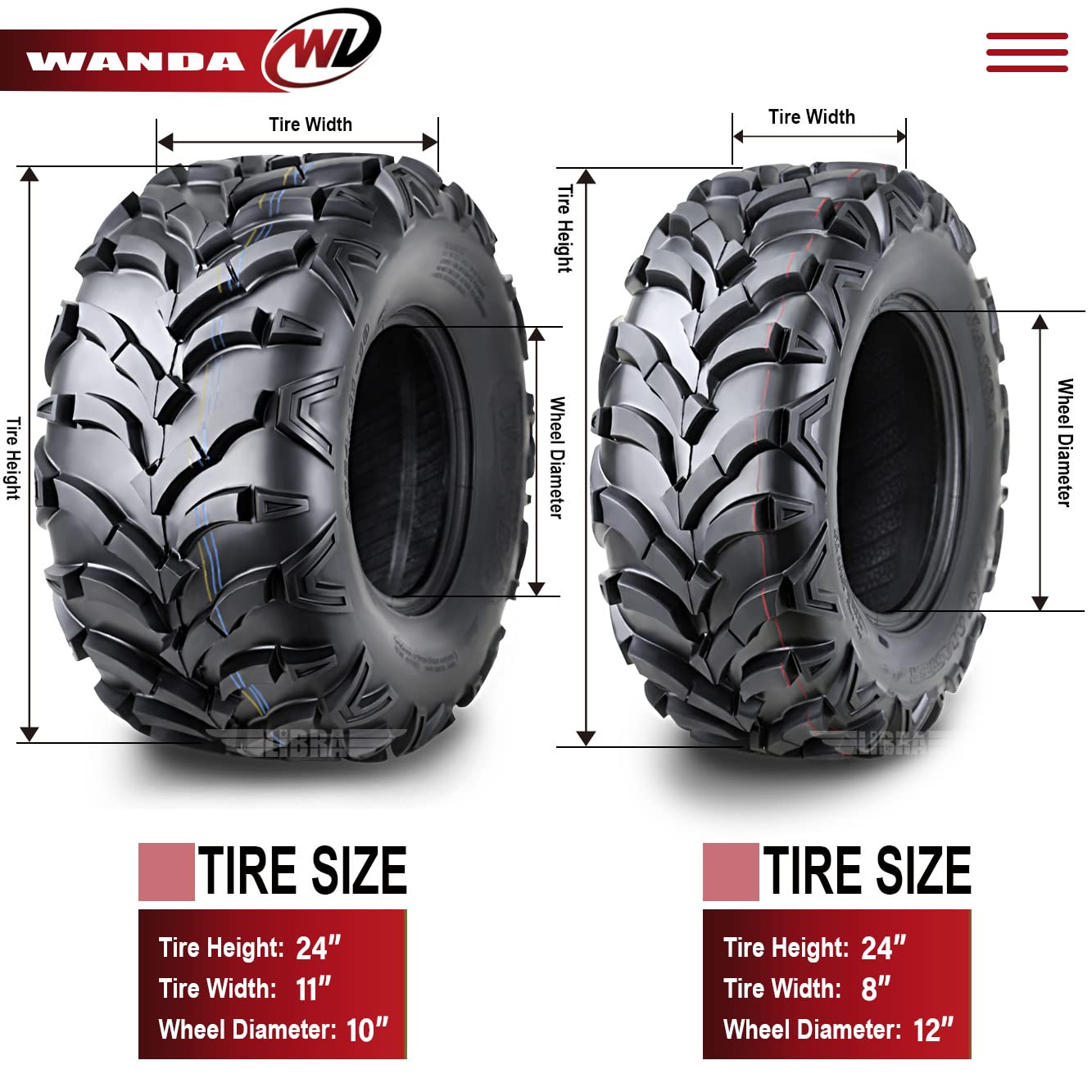 Wanda Set Of 4 New Atv/Utv Tires 24X8-12 Front & 24X11-10 Rear /6Pr P341-10151/10245