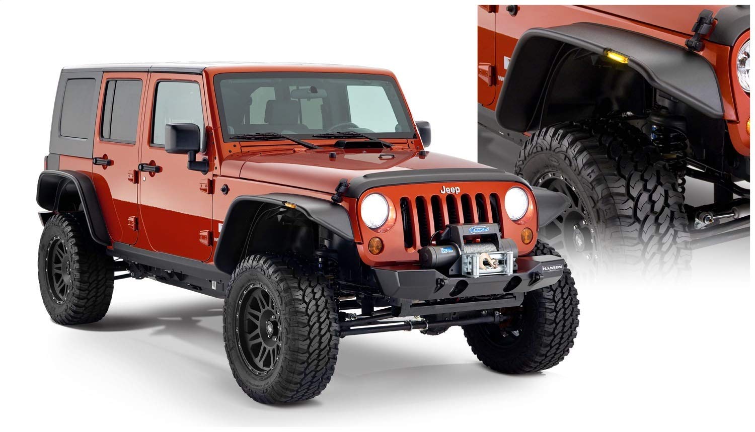 Bushwacker Jeep Flat Style Front & Rear Fender Flares | 4-Piece Set, Black, Textured Finish | 10918-07 | Fits 2007-2018 Jeep Wra