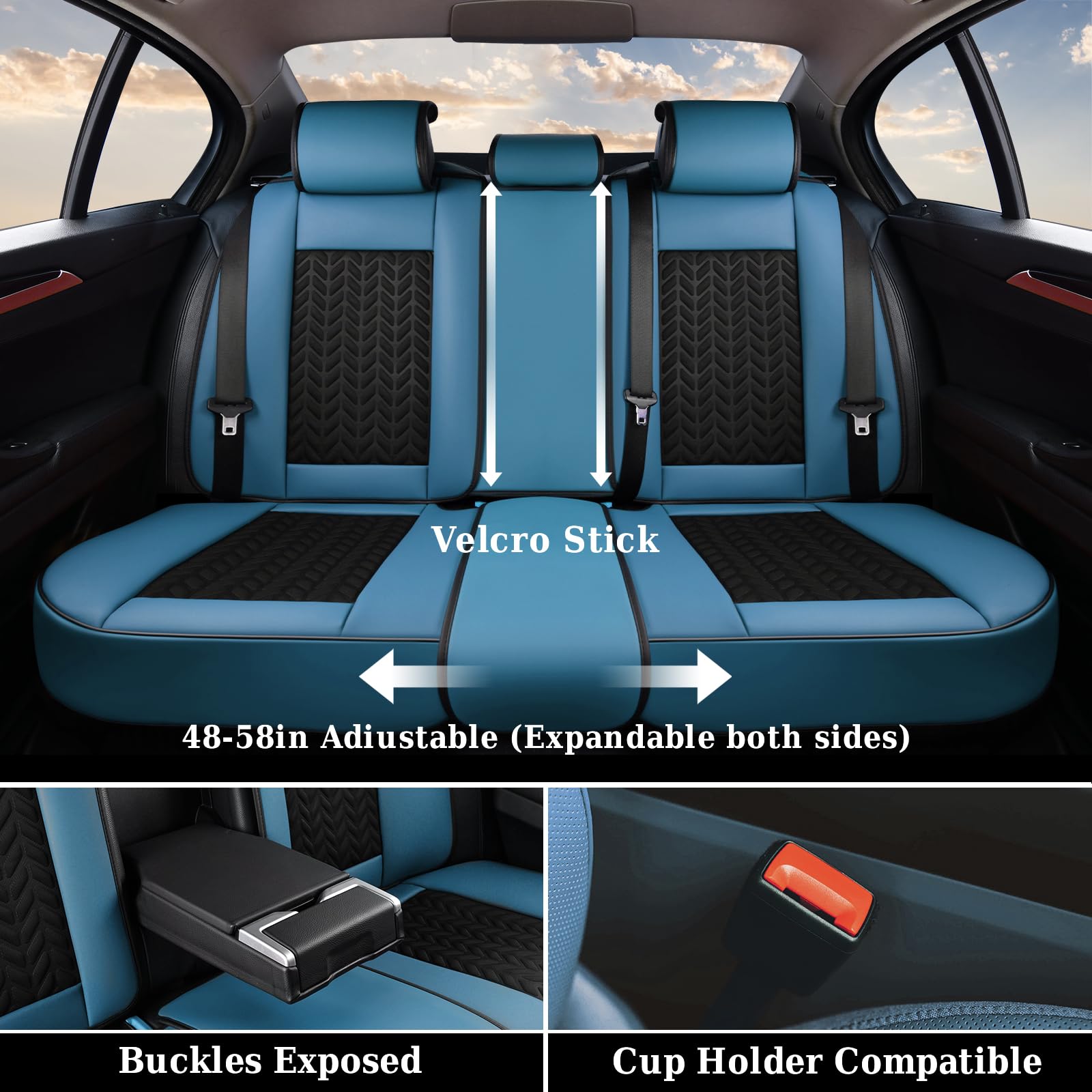 Coverado Faux Leather Seat Covers Full Set, 5 Seats, Universal Fit, Blue, Model 8825