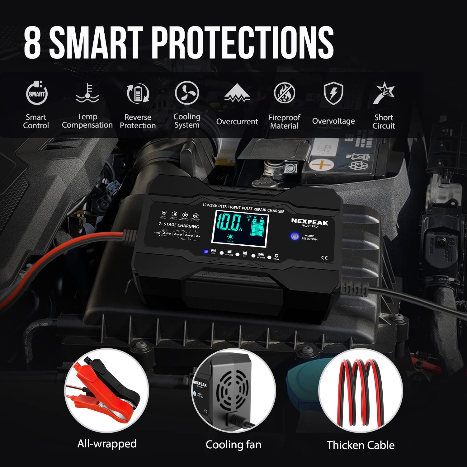 NEXPEAK 10-Amp Smart Car Battery Charger, 12V/24V Automatic Maintainer for Lead Acid Batteries - Black