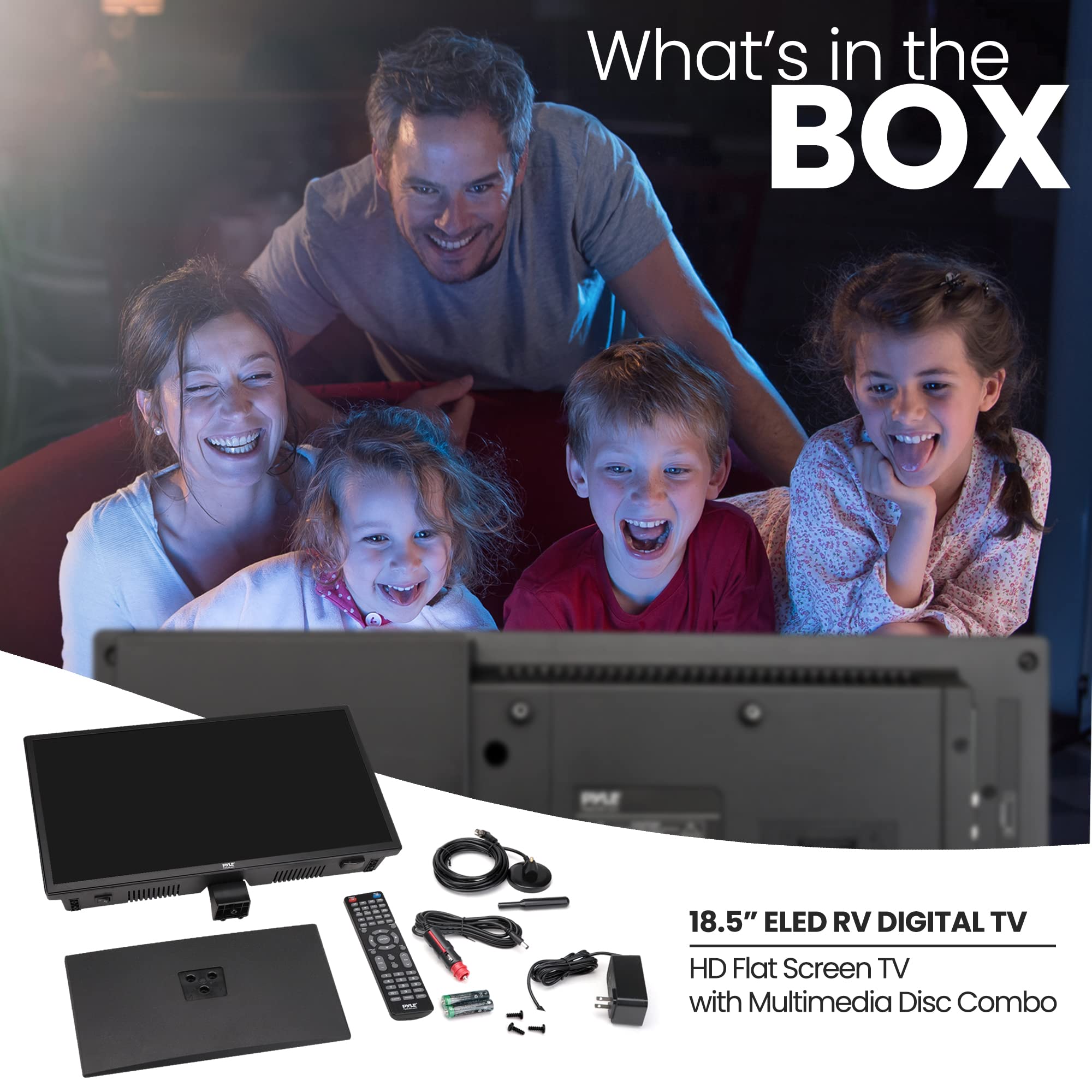 Pyle 18.5" LED RV Television - 1080p Slim Flat Screen, HDMI, RCA, DVD Combo, 12/24V Adapter, Remote Control, Black, Model PLT