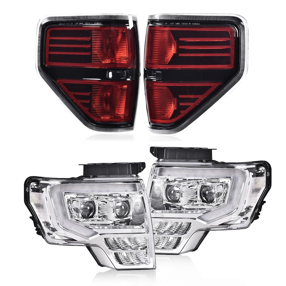 GRAND ORANGE LED Tube Headlights + Rear Clear Tail Lights Assembly Compatible with Ford F150 2009-2014 4PCS Clear Lens Chrome Ho