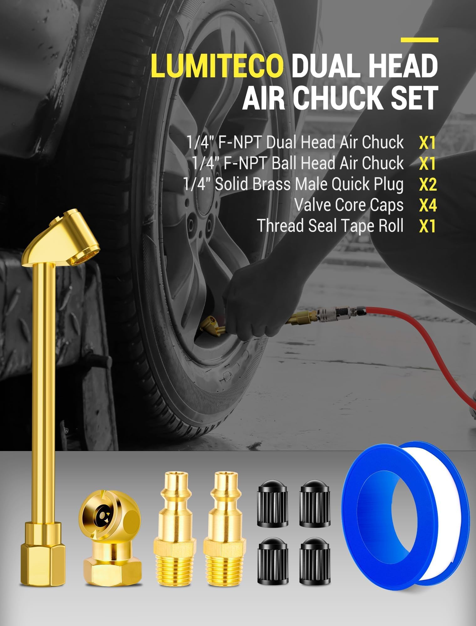 Lumiteco Heavy Duty Dual Head Air Chuck Set, Closed Ball Tire Chuck & 1/4'' Npt Male Quick Plug & 4* Valve Caps, No Air Leakage