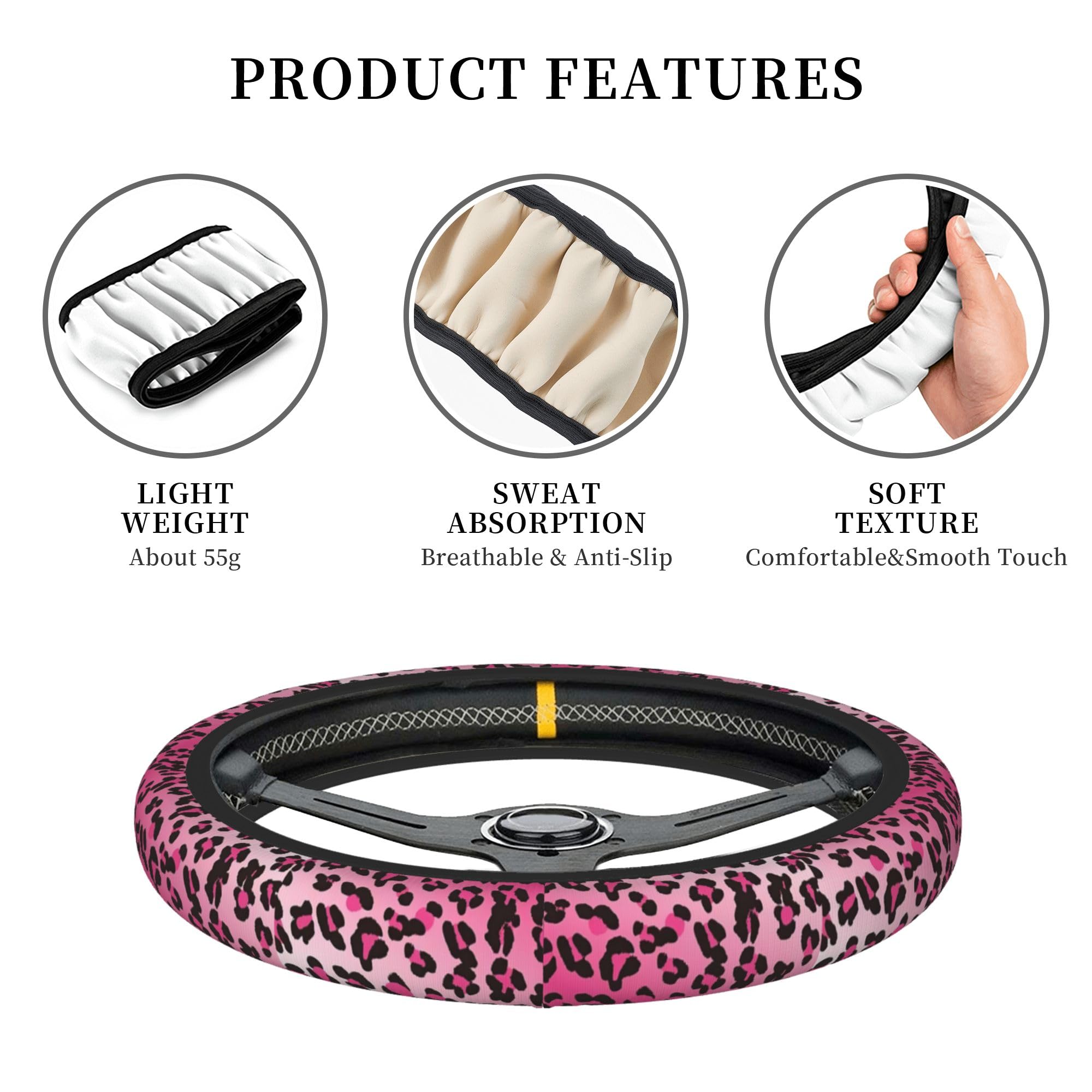 THOEWONG Leopard Pattern Pink Steering Wheel Cover, Non-Slip Neoprene, Universal 15 Inch, Cute Car Accessories