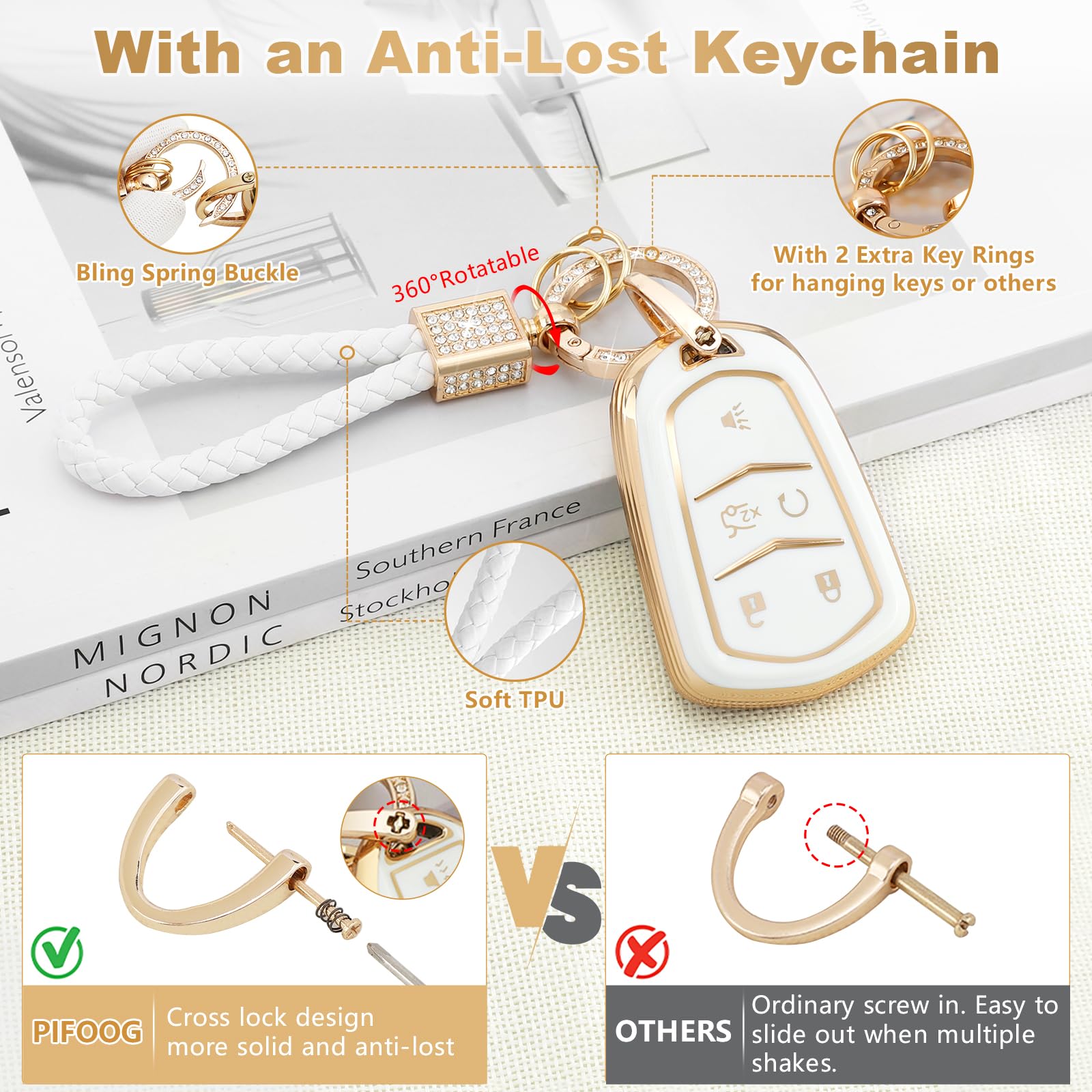 PIFOOG Key Fob Cover for Cadillac XT5 XT6 XT4 - Soft TPU, White & Gold, 5 Buttons, Full Protector Case for Women