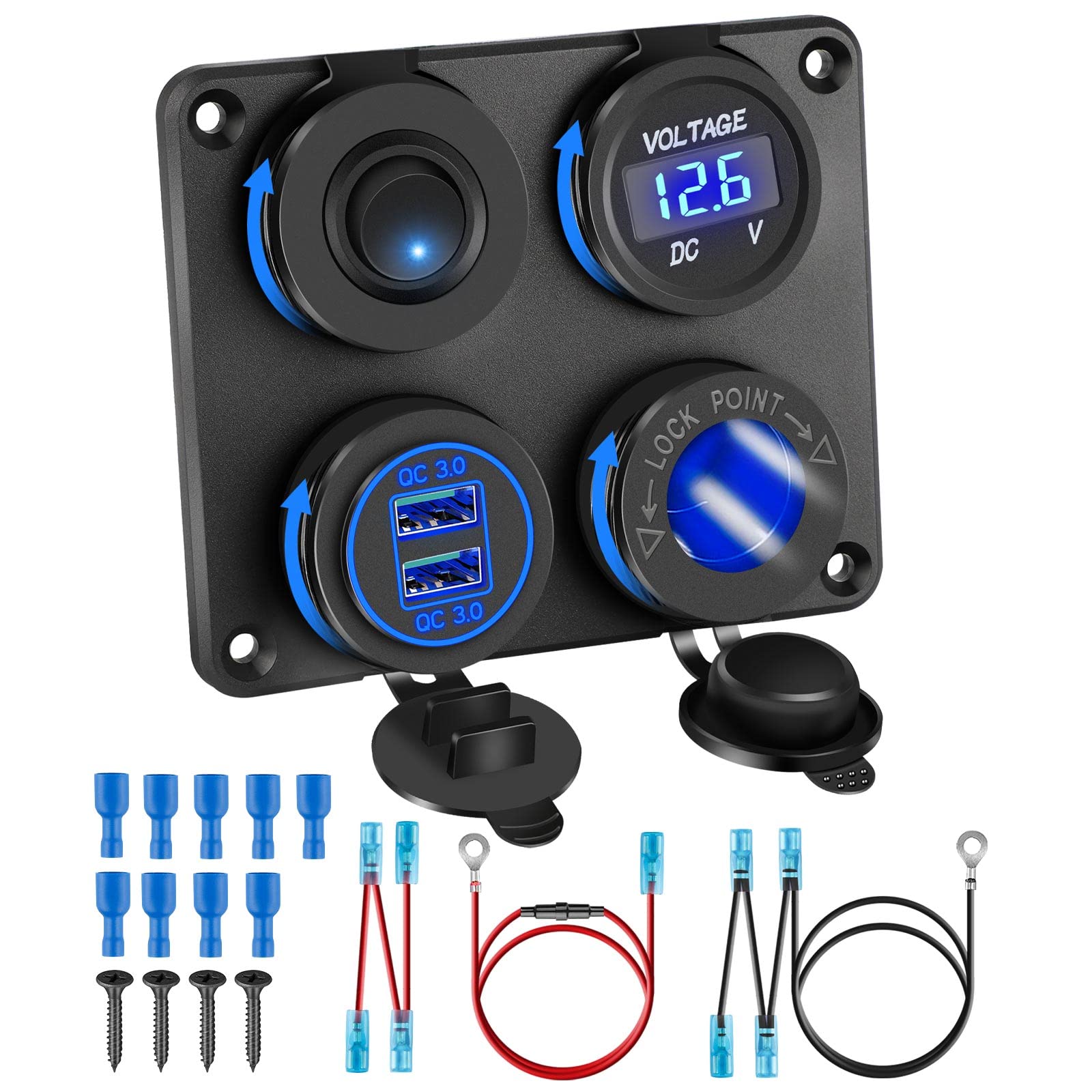 Upgraded 4 in 1 Charger Outlet Socket Panel, Dual QC 3.0 12V USB Power Outlet & Car Voltmeter Gauge & Cigarette Lighter Socket &