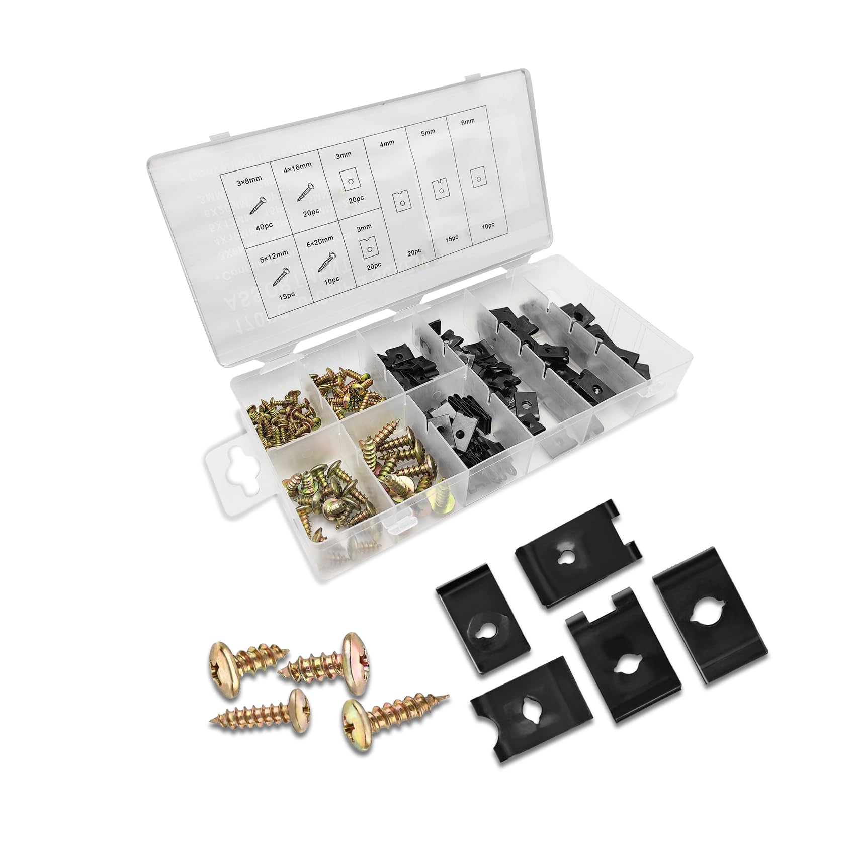 170PCS Automotive Screws and Clips Assortment Kit, Car U-Clip and Screw Assortment Kit, 9 Different Sizes Automotive U Nut and S