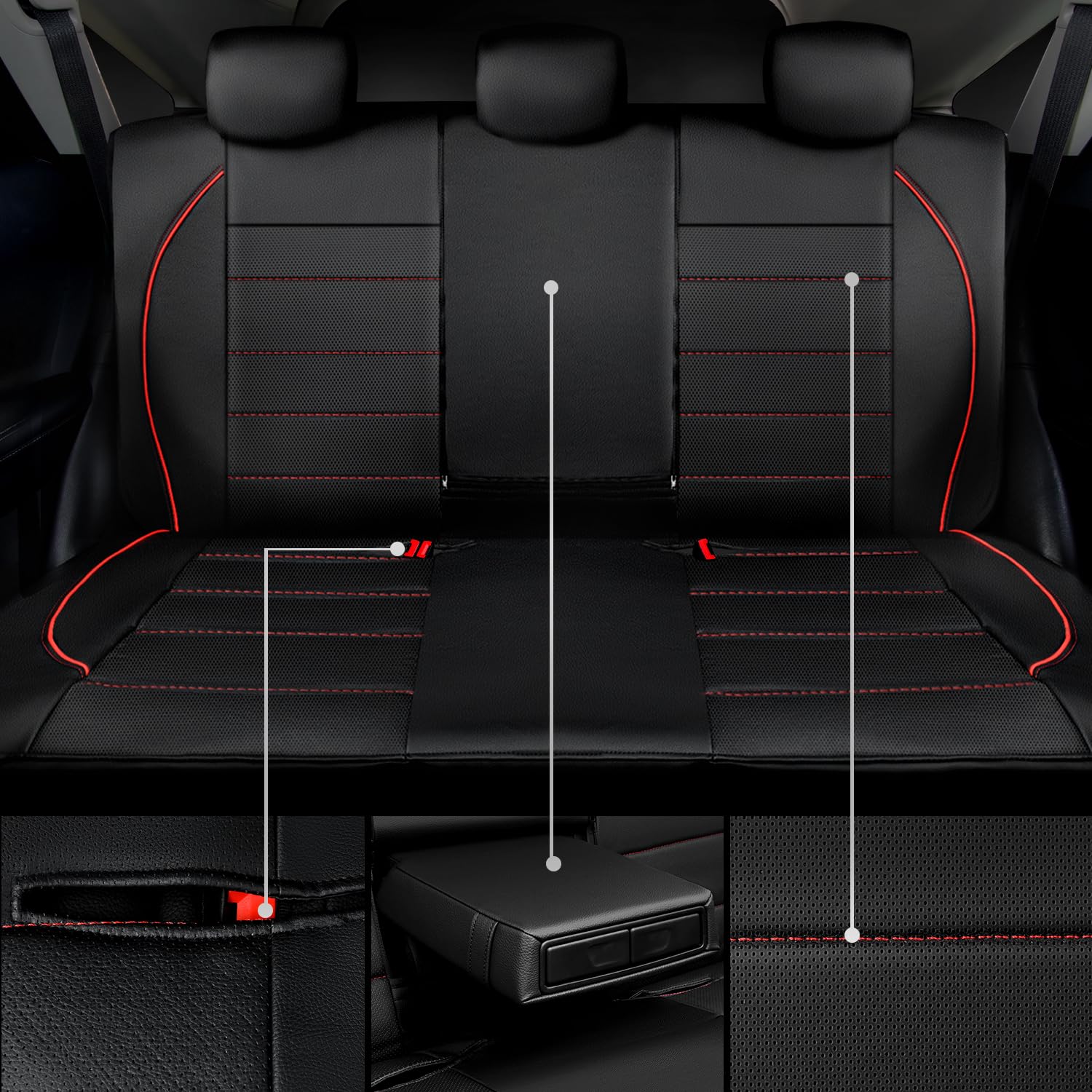 CAR PASS Leather Back Seat Cover, Waterproof Faux Leather, Universal Fit, Black and Red, Model zt-0120-RD0HP