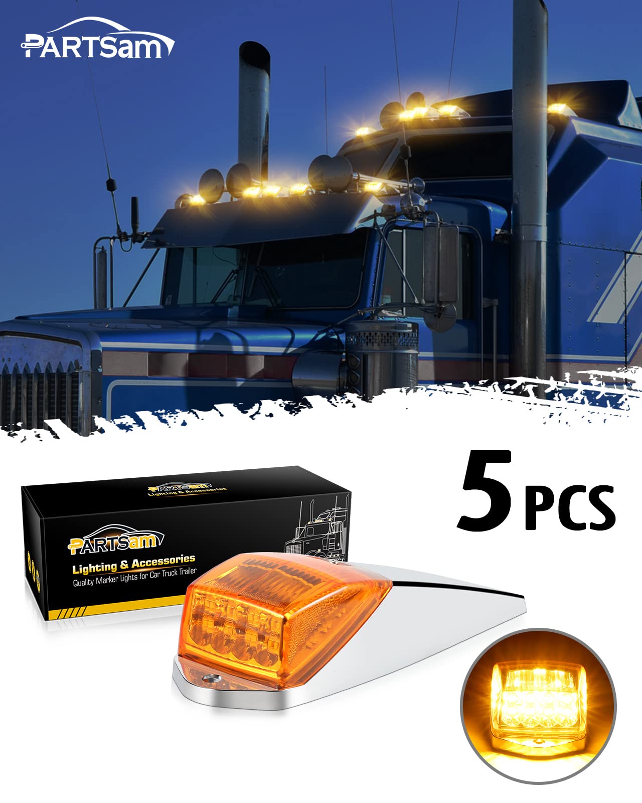 Partsam Amber Cab Marker Light - 31 LED Waterproof Roof Lights for Peterbilt, Kenworth, Freightliner, Mack, Paccar Trucks