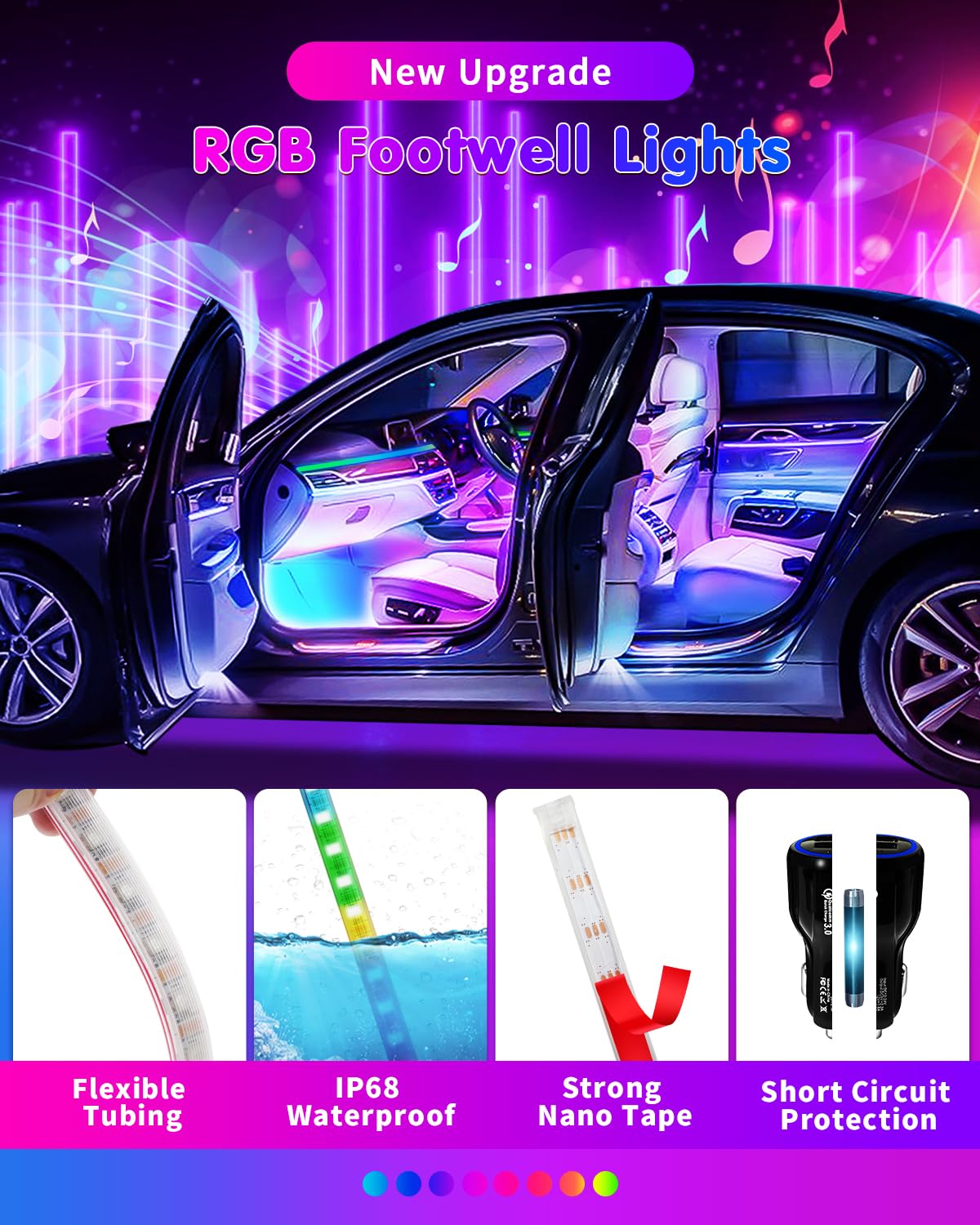 Duofu365 Car Led Light Interior, Rgb Dreamcolor Inside Car Light Music Sync, Under Dash Footwell Automotive Strip Light, 12V Acr