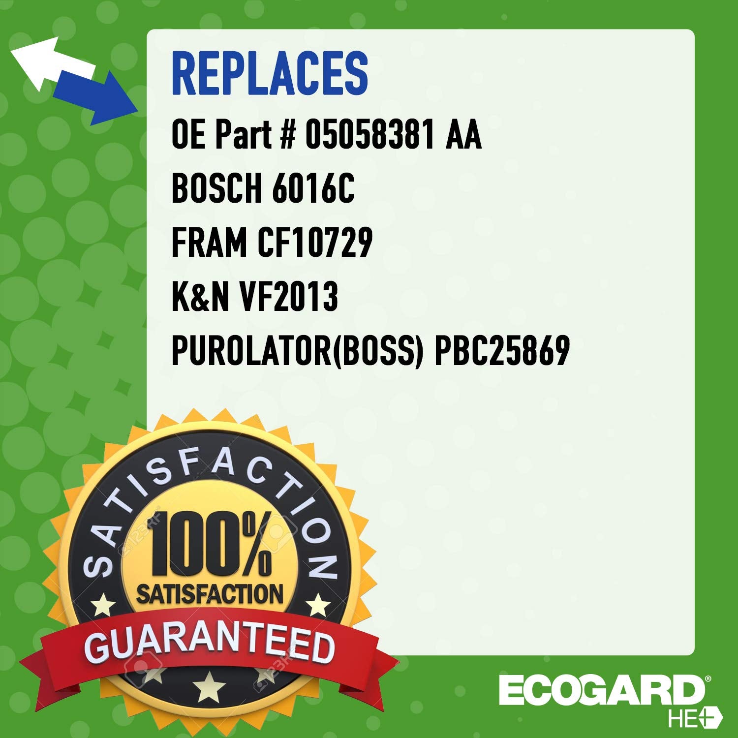 Ecogard Xc25869H Upgraded High Efficiency Cabin Air Filter + Baking Soda Compatible With Dodge Journey, Avenger, Caliber  Jeep P
