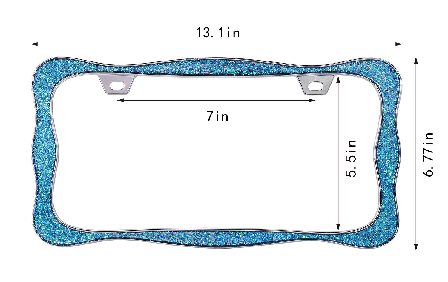 Creathome 3D Shining License Plate Frame, Chrome With Shining Blue Chunky Gliter, Pure Zinc Alloy Metal