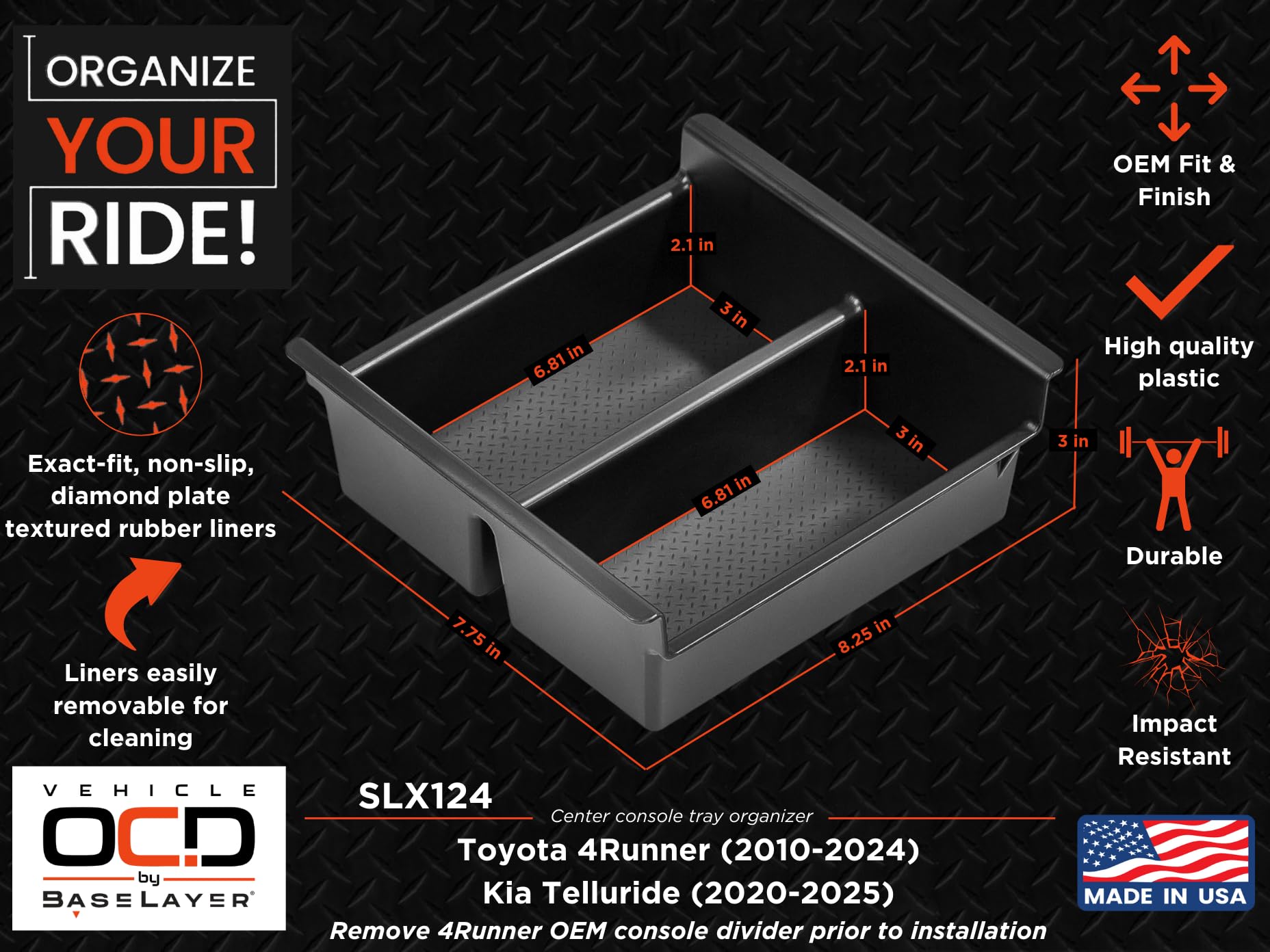 Vehicle Ocd - Center Console Organizer Tray For Toyota 4Runner (2010-2024) And Kia Telluride (2020-2025) - Made In Usa - Slx124