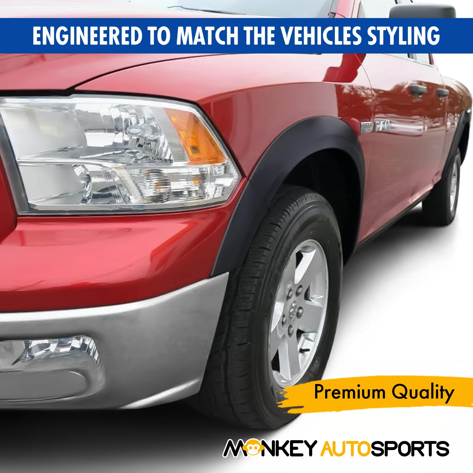 Monkey Autosports Dodge Ram 1500 Fender Flares Set of 4, Black, OE Design, 2009-2018 Models, Durable Acrylonitrile Butadiene Styrene