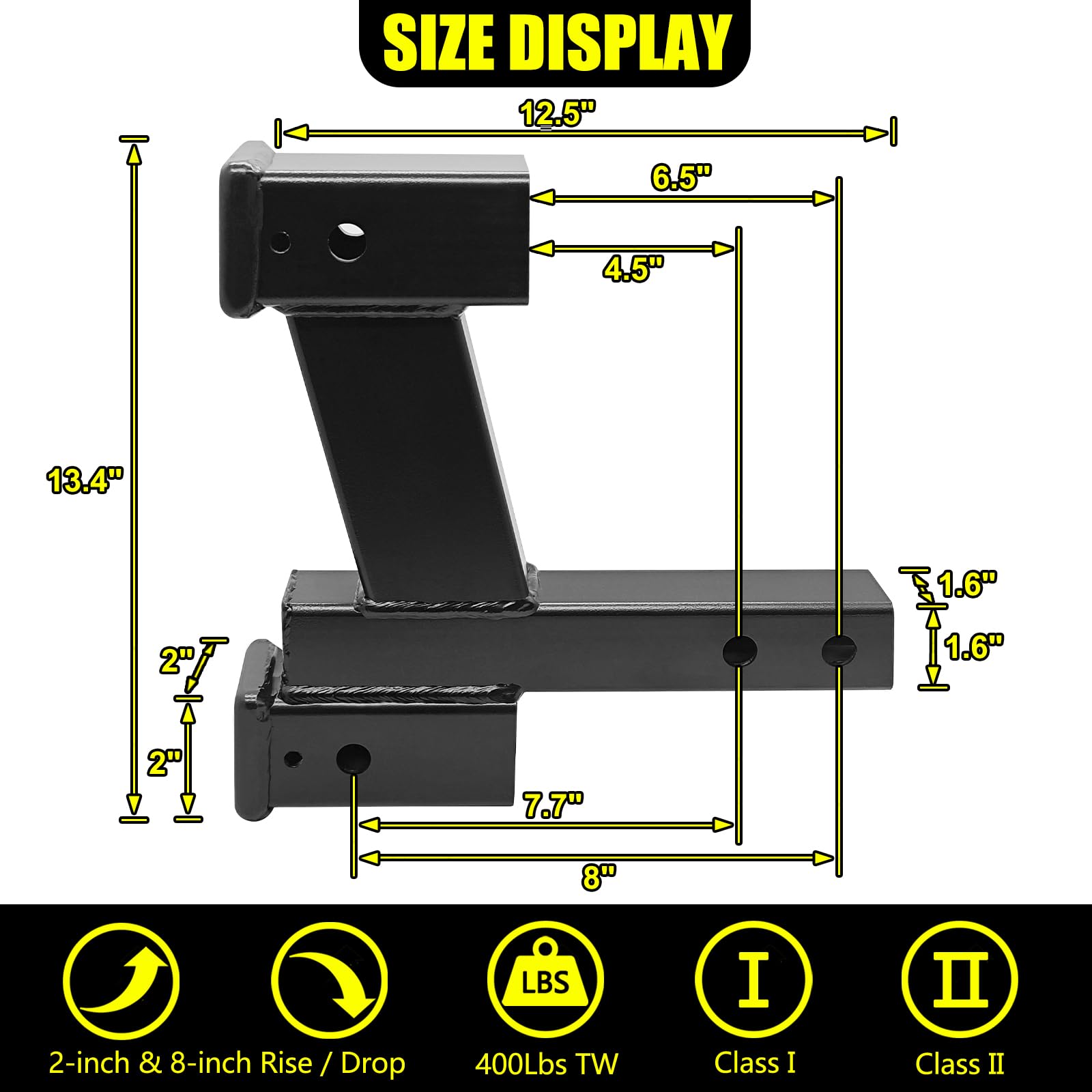 KAIRAY Trailer Dual Hitch Extender Adapter, 2" & 8" Rise/Drop, 10000lbs Capacity, Y-shaped 2" Receiver, Model HY0055, Black