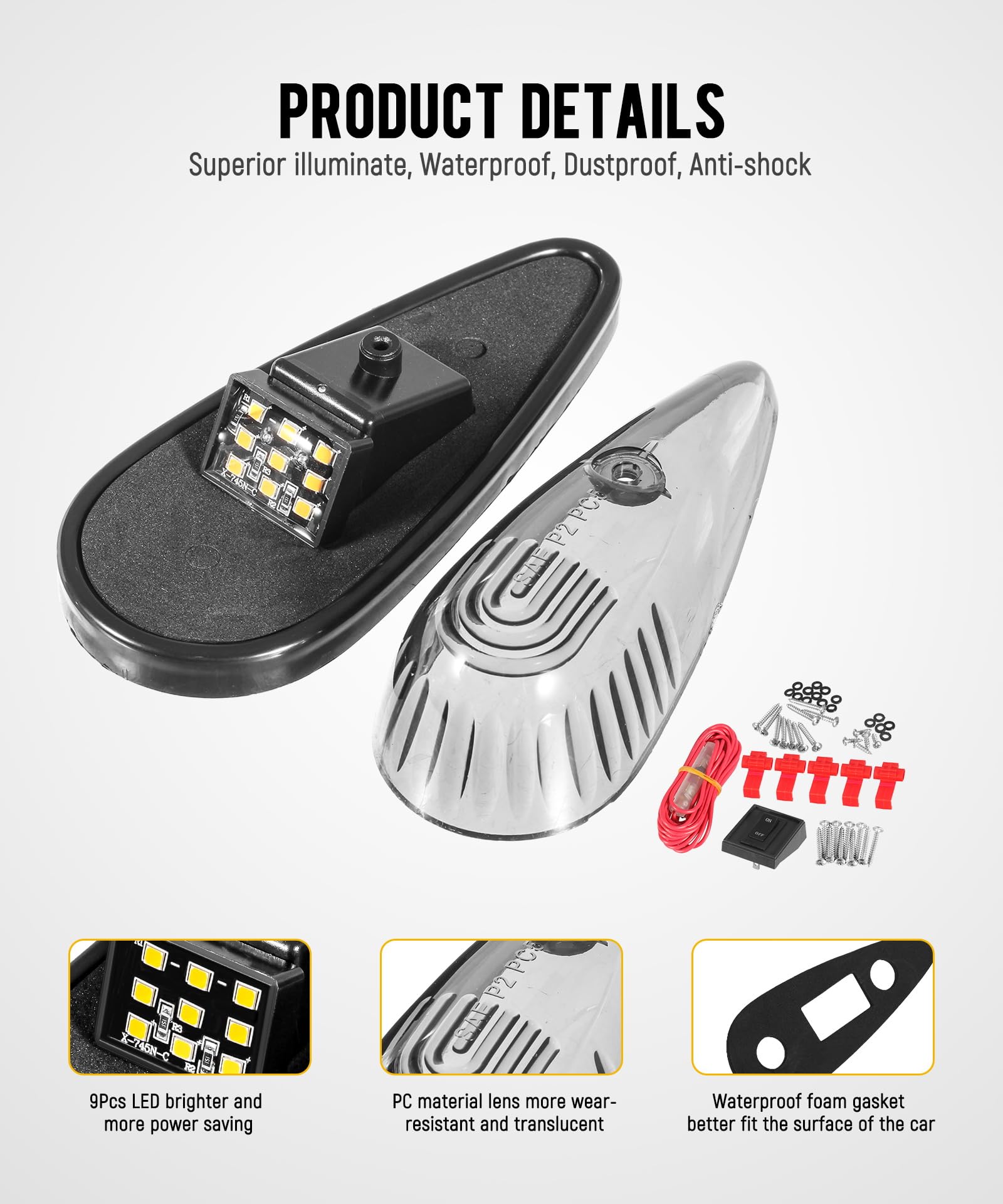 Partsam 5pcs Smoke Lens Amber 9LED Teardrop Cab Marker Light for Trucks, Vans, Pickups, RVs with Wiring Pack