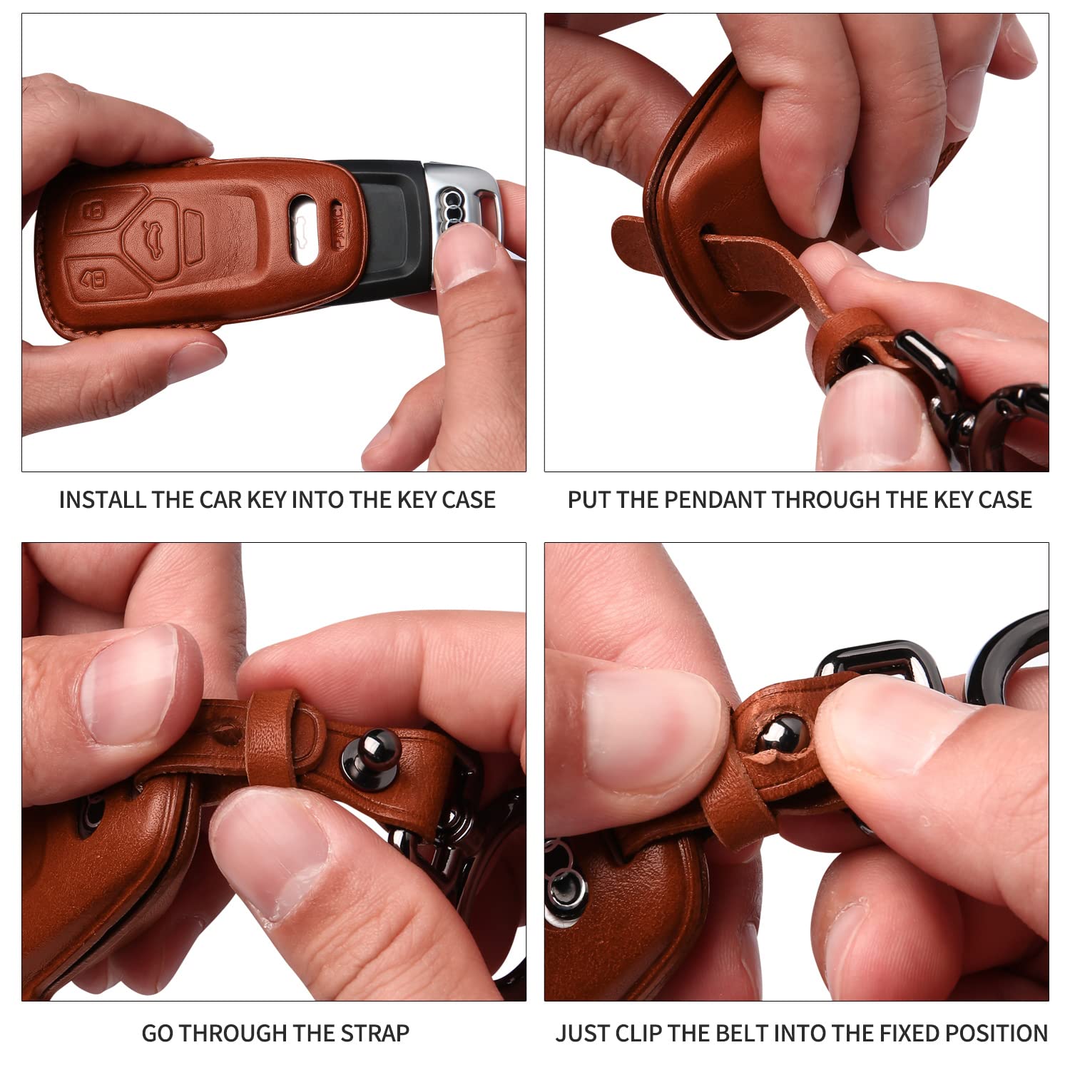 Tukellen Leather Key Fob Cover for Audi A4 Q5 Q7 TT A6 R8 S5 - Black, Genuine Leather with Keychain