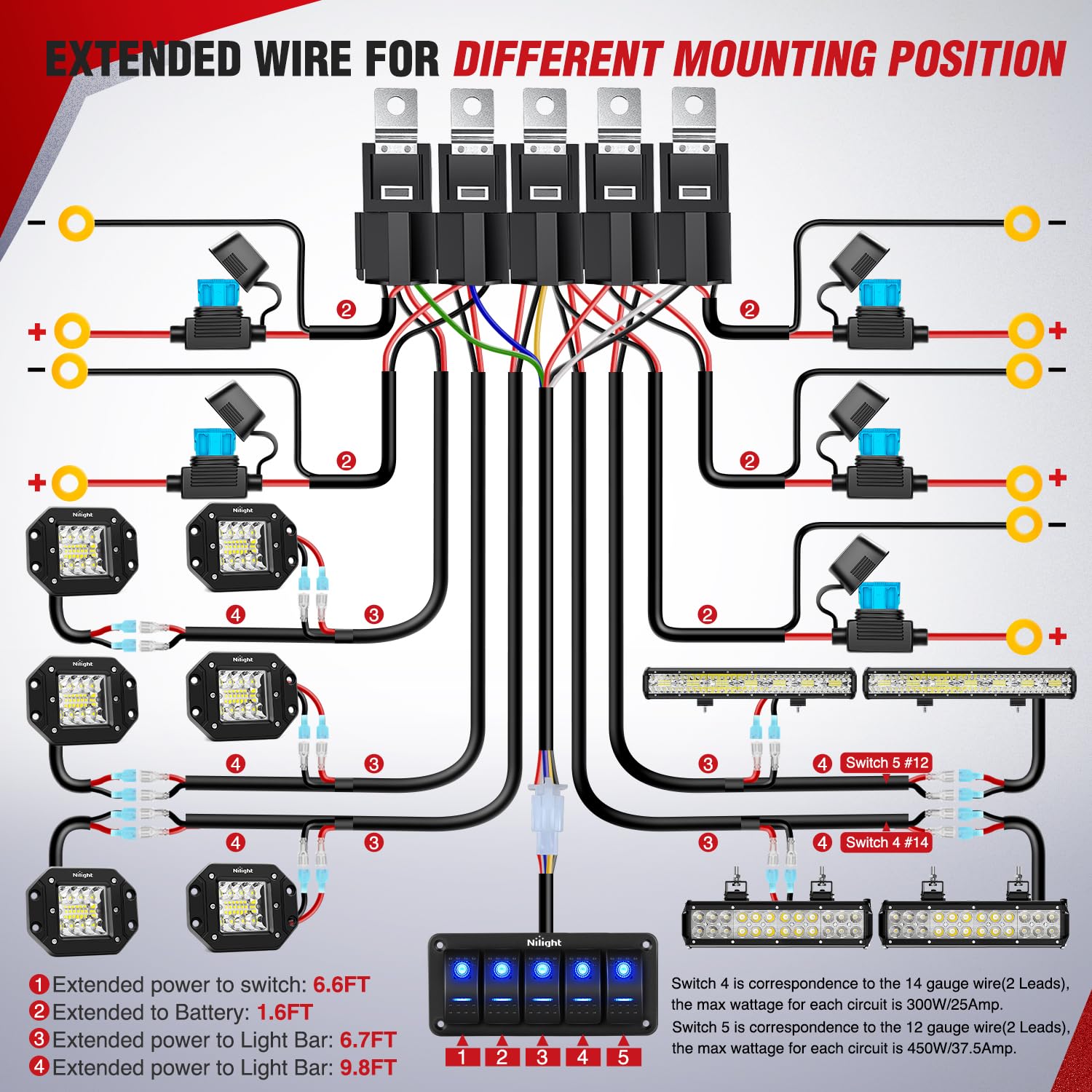 Nilight 16Awg 14Awg 12Awg Led Light Bar Wiring Harness Kit 12V On/Off 5 Gang Rocker Switch Panel Power Relay Blade Fuse 5Pin Tog