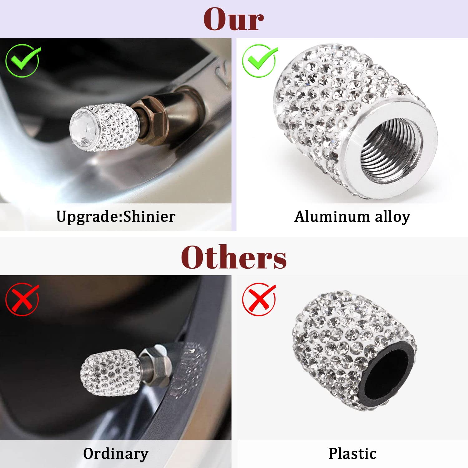 ToBeQueen Bling Tire Valve Caps - 4 Pack Crystal Rhinestone Car Accessories - Universal Fit for Cars/SUVs/Motorcycles - Silver