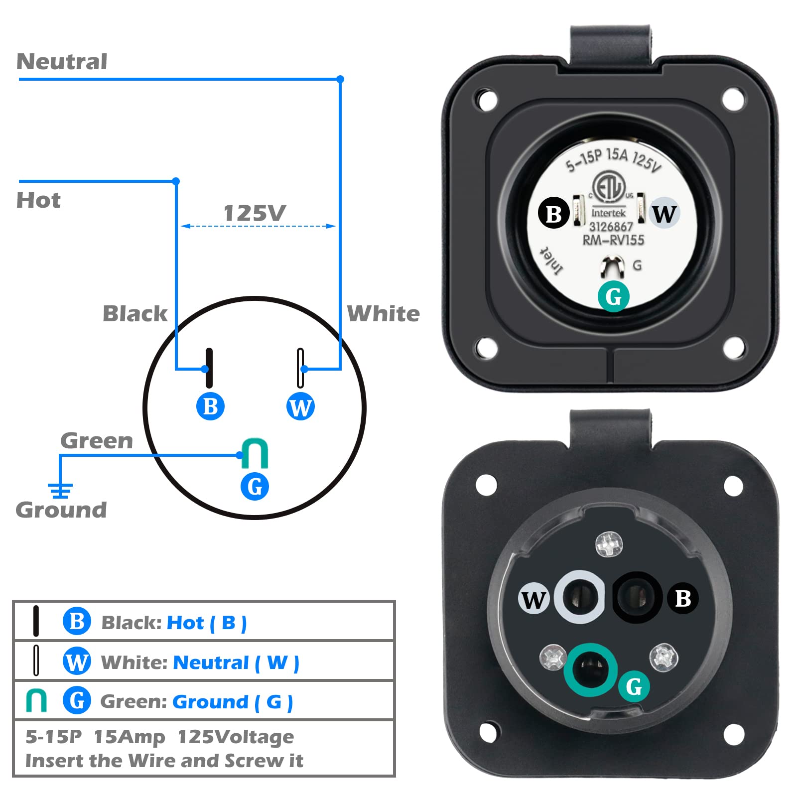 15 Amp Rv Shore Power Inlet, Eilxmag 125V Flanged Inlet Power Inlet Port Plug Nema 5-15P Rv Outlet With Integrated Dual 18'' Cor