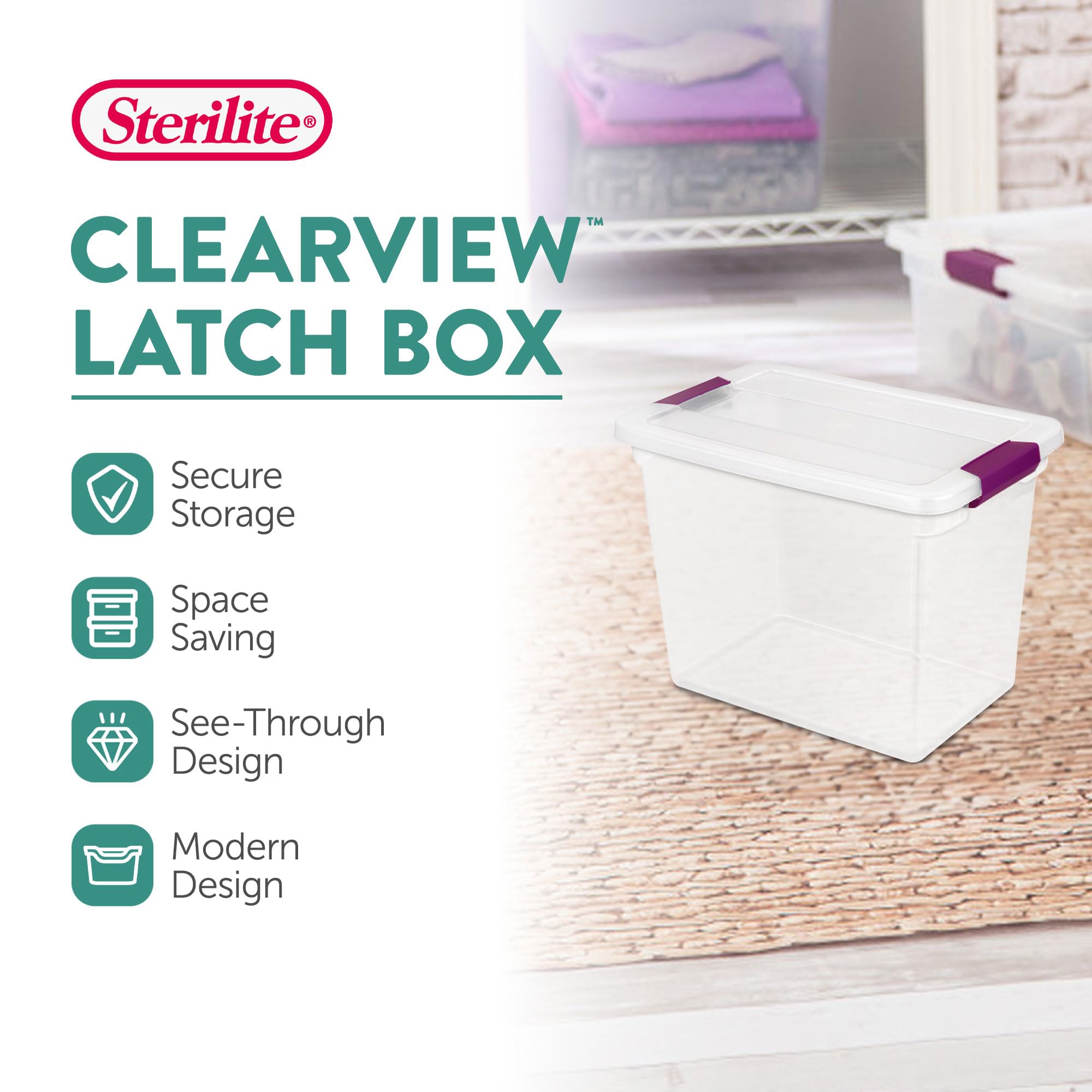 Sterilite Large Clip Box, Stackable Small Storage Bin With Latching Lid, Plastic Container To Organize Paper, Office, Clear Base