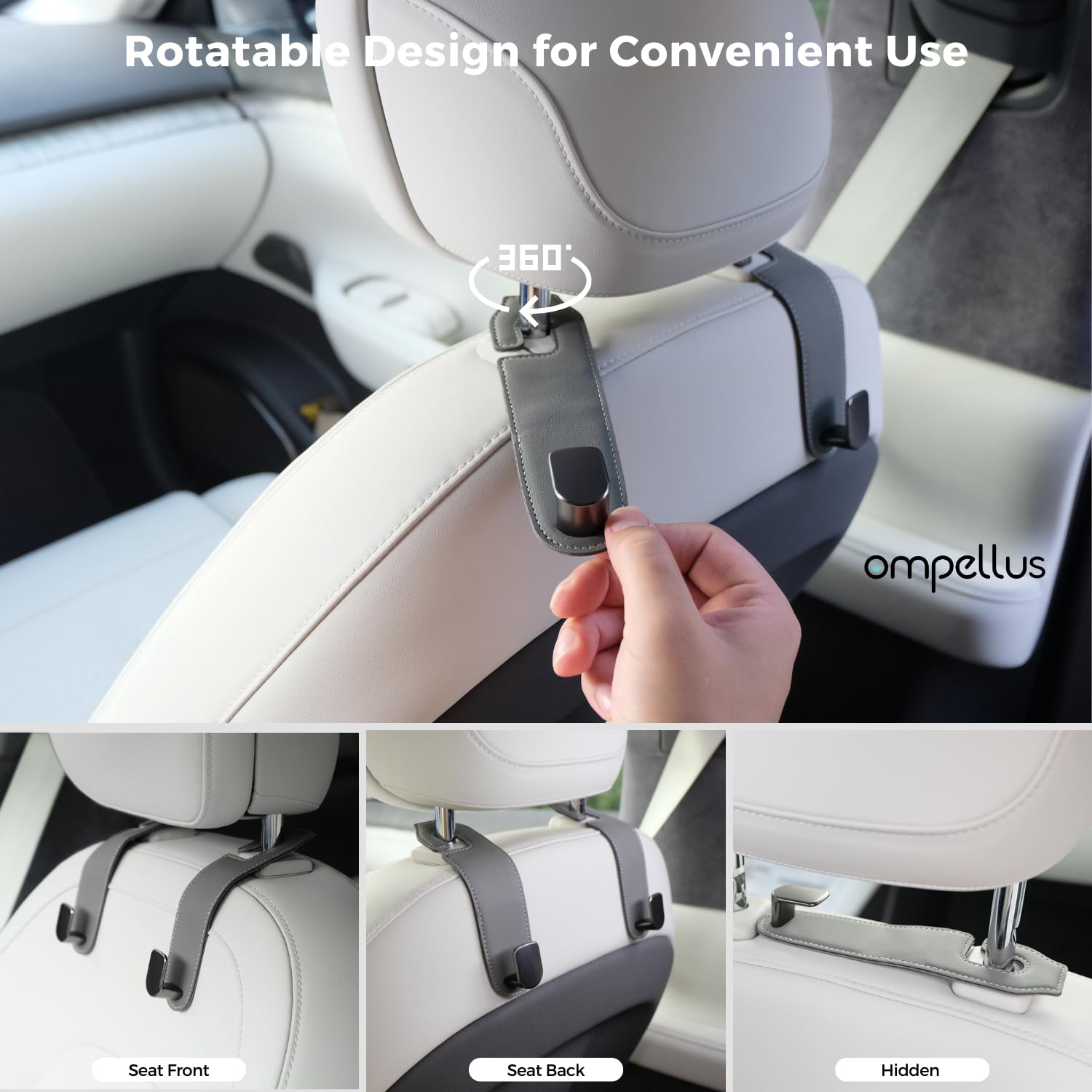 Ompellus Car Headrest Hook, 2 Pack Leather Car Seat Hooks for Purses and Bags, Car Organization Accessories (Tan)