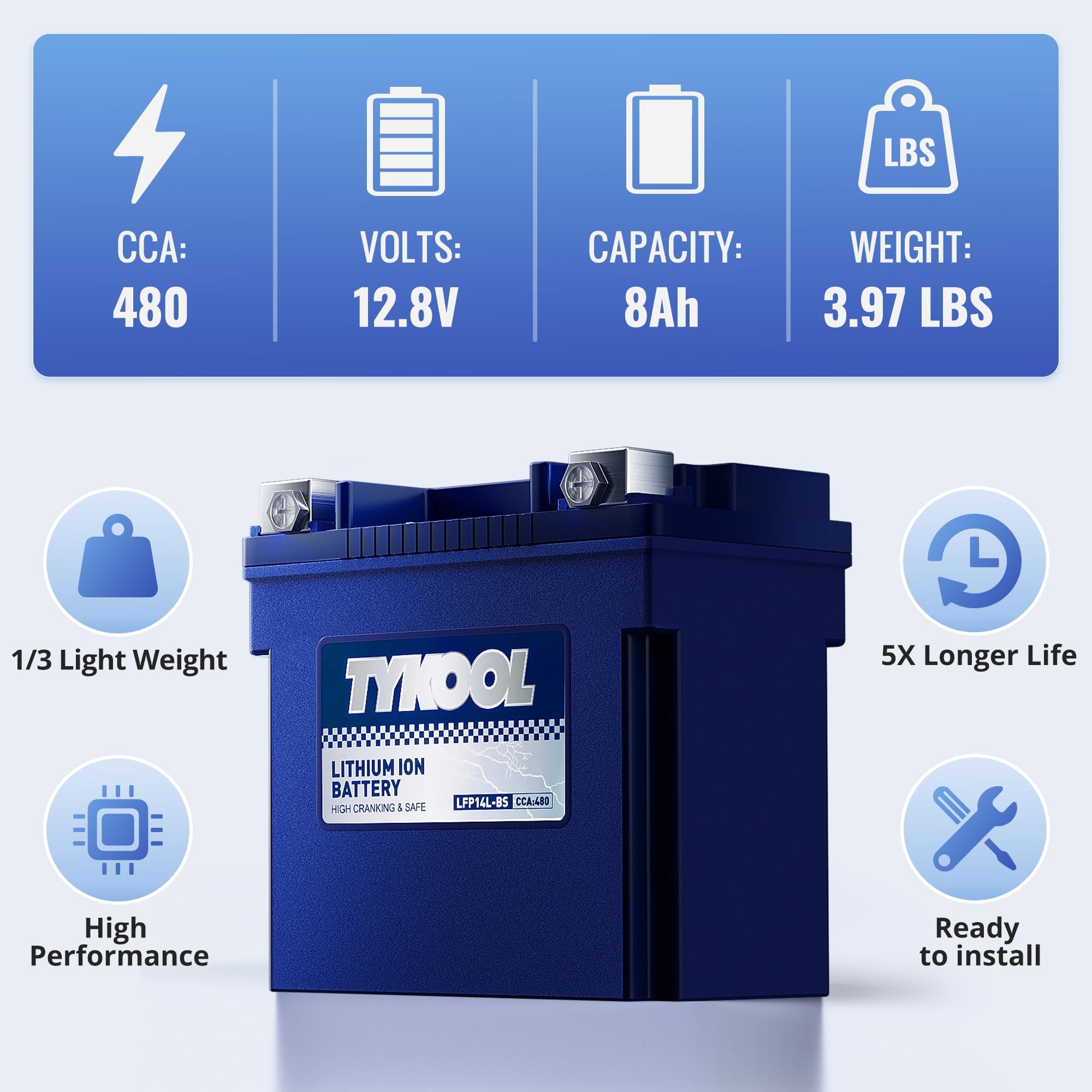 TYKOOL Lithium Motorcycle Battery YTX14L-BS 12V 8Ah 480CCA with Digital Readout & Built-in BMS Compatible with Harley-Davidson & Sea-Doo