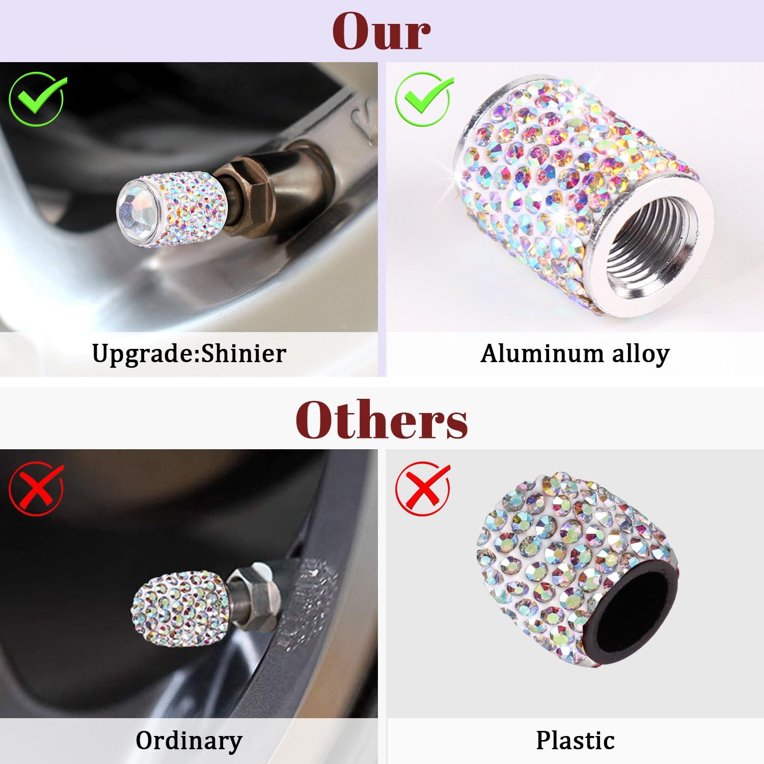 ToBeQueen Bling Tire Valve Caps - 4 Pack Handmade Crystal Rhinestone Dustproof Car Accessories - F-AB Color for Cars/SUVs/Motorcycles/Bikes