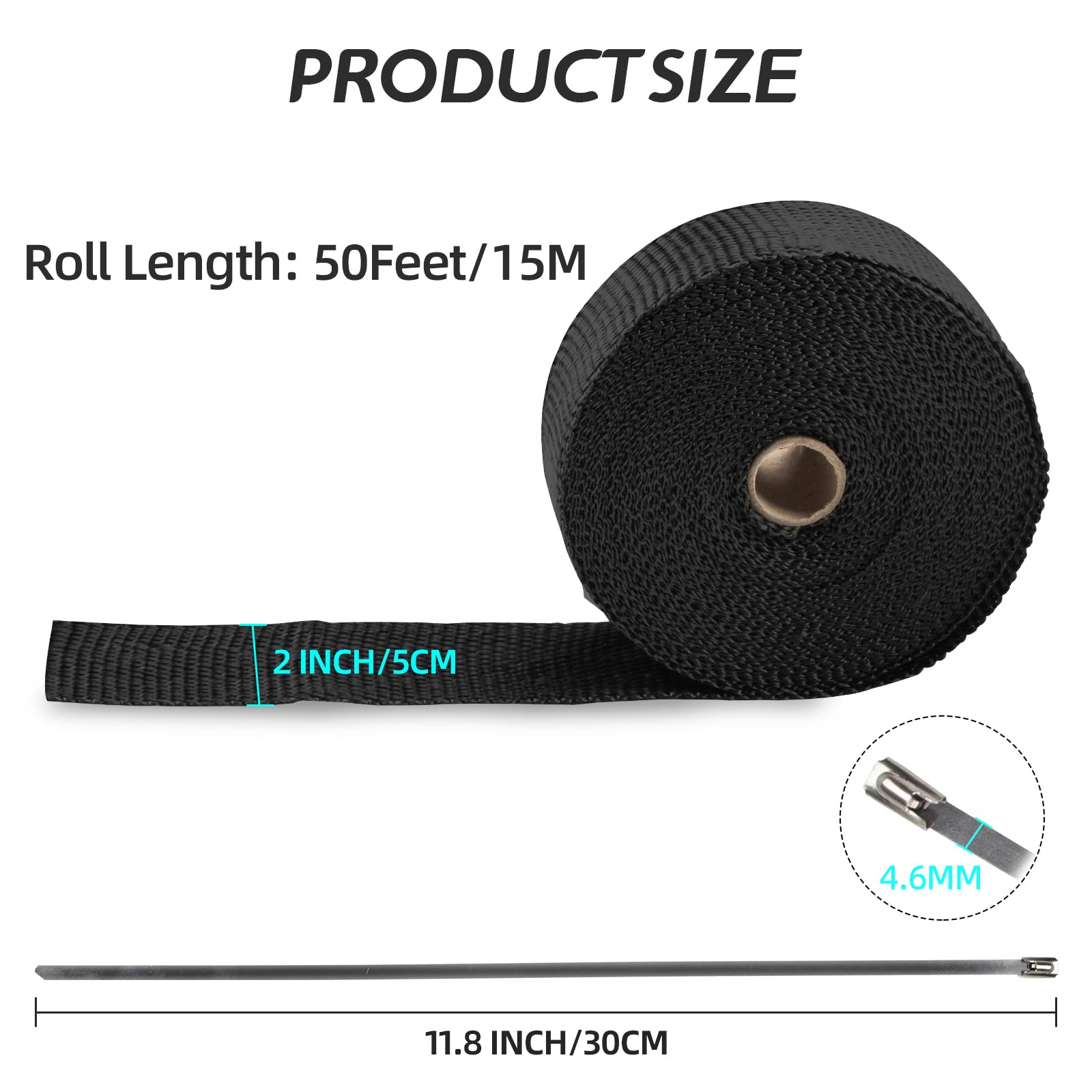 Titanium Exhaust Heat Tape Wrap,2   x 50 Ft,Motorcycle Fiberglass Heat Shield Tape With Stainless Ties,Black