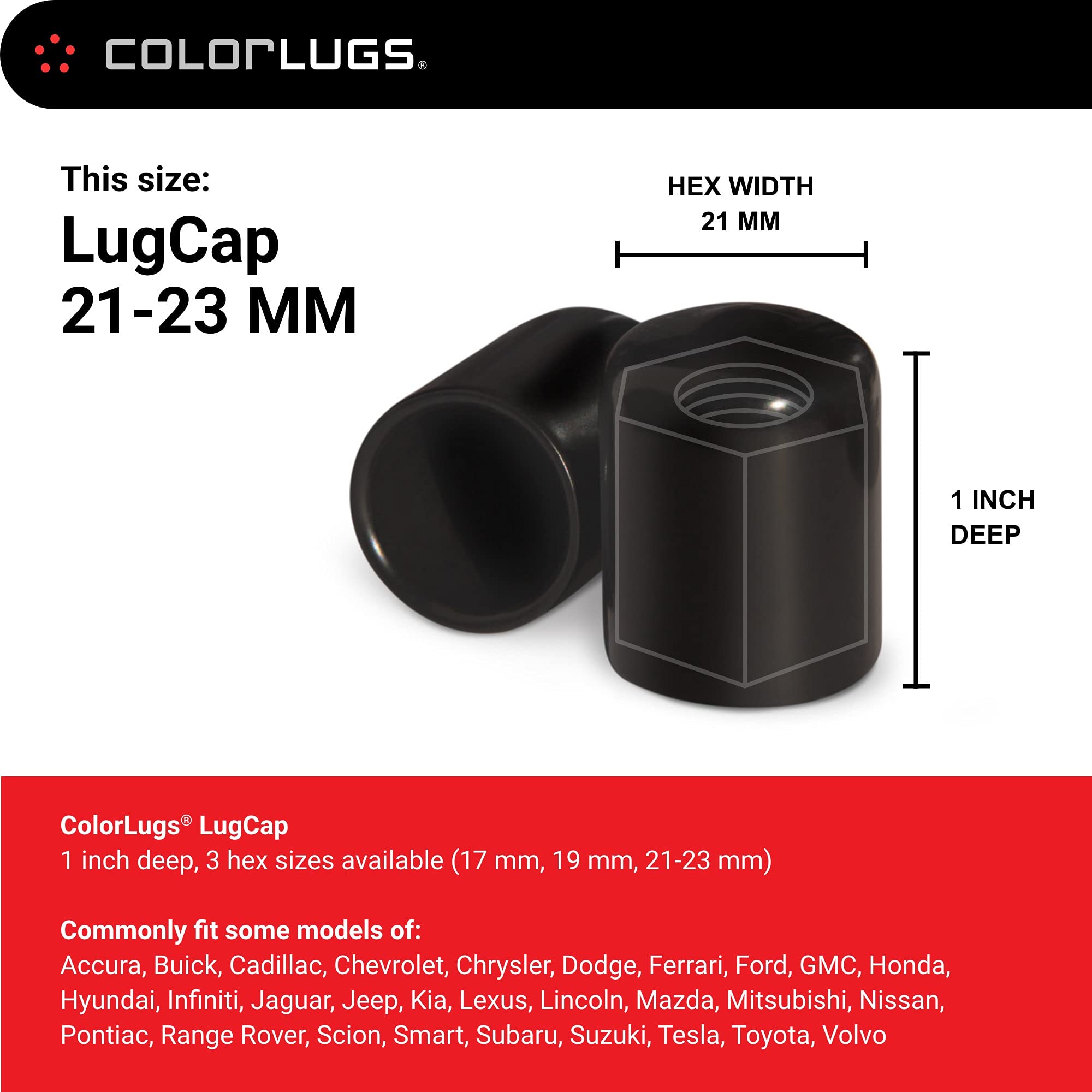 AUTOMOTIVATED ColorLugs Vinyl Lug Nut Cover - Black, Flexible Fit, 21-23 mm, Pack of 20 with Deluxe Extractor, Made in the USA