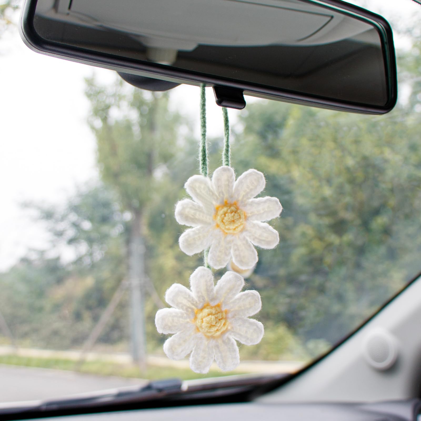 Cute Crochet Flower Car Decor - Handmade Knitted Daisy Rear View Mirror Accessories (White) -Like New