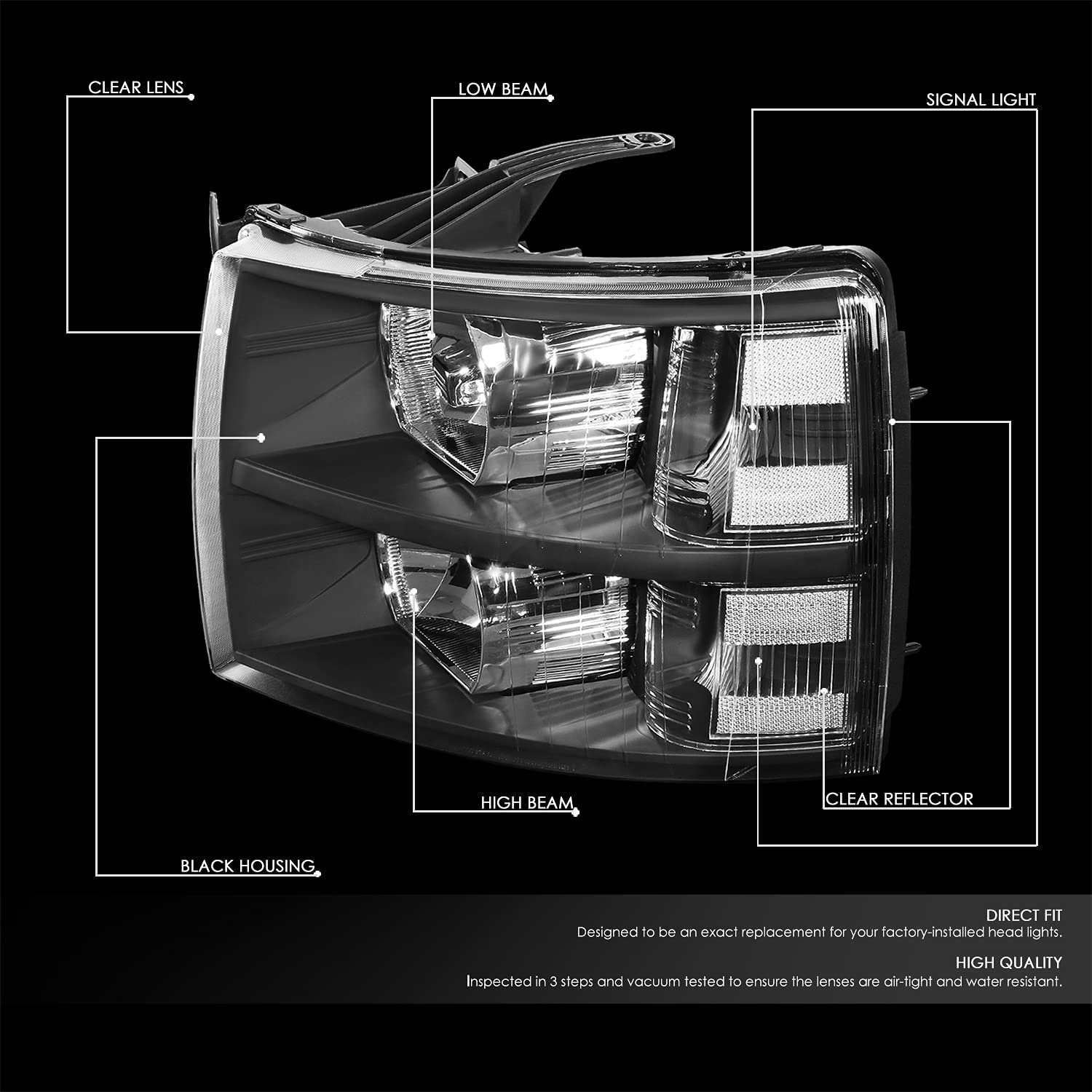 DNA MOTORING Black Housing Headlights for 07-13 Silverado 1500, 07-14 Silverado 2500 HD/3500, Model HL-OH-CSIL07-BK-CL