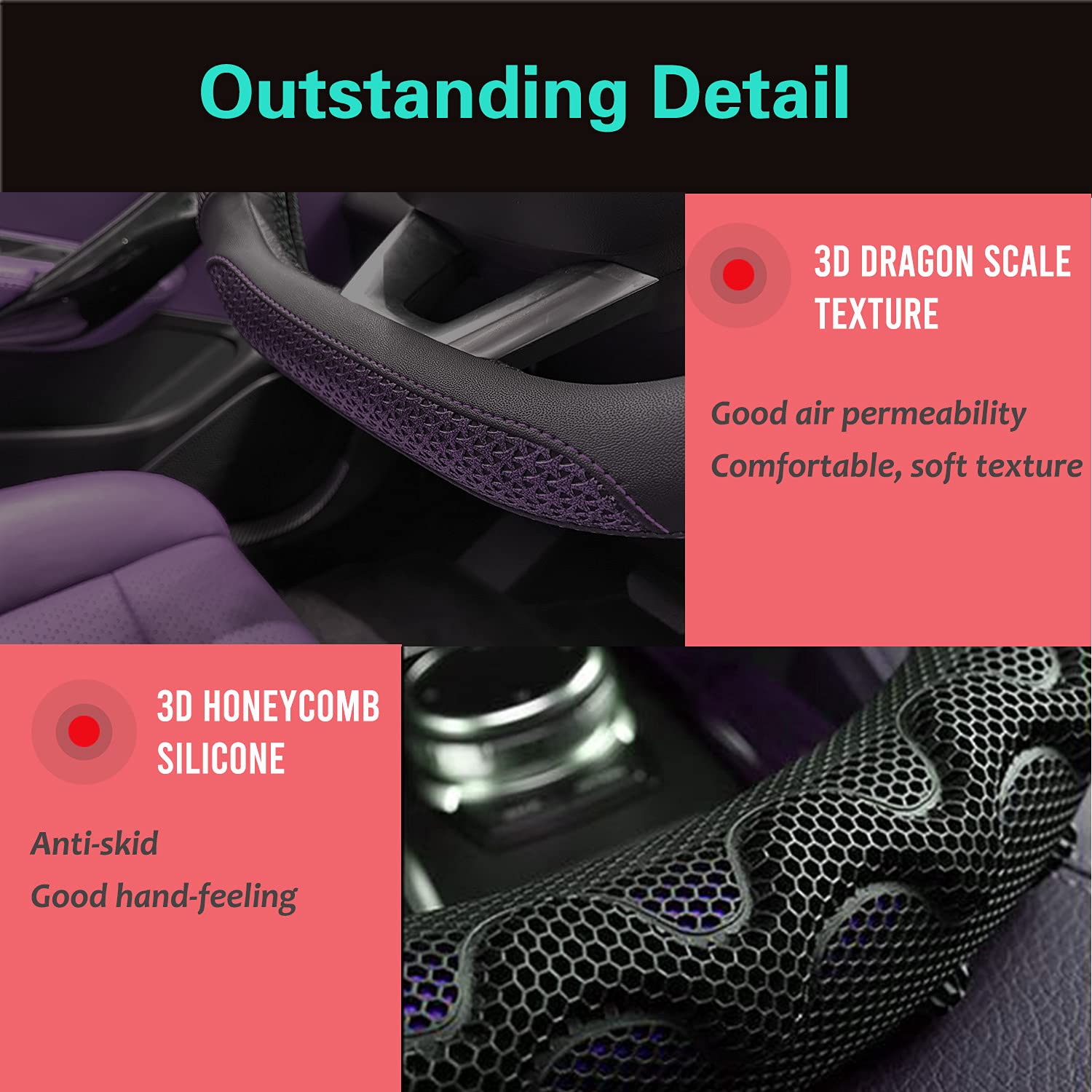 Pinctrot D Shaped 14 Inch Small Sized Steering Wheel Cover Great Grip With 3D Honeycomb Anti-Slip Design, Flat Bottom 14 Inch (P