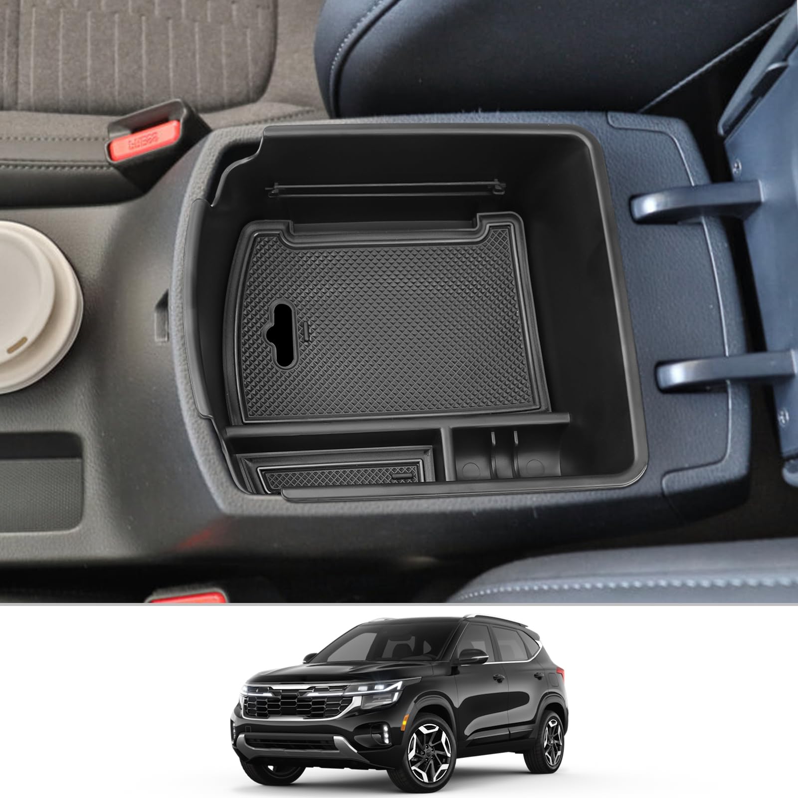 CDEFG Center Console Organizer Tray for 2020-2025 Kia Seltos, ABS Plastic, Black Trim, Coin Container, Armrest Storage Box