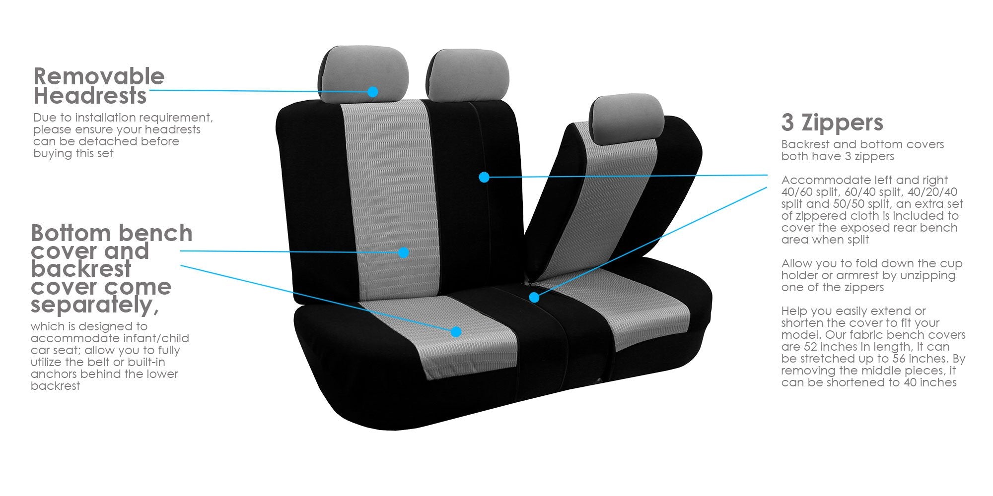 FH Group Car Seat Covers Trendy Elegance Gray Full Set Automotive Seat Covers, Airbag and Split Rear Combo Non-Slip Dash Grip Pa