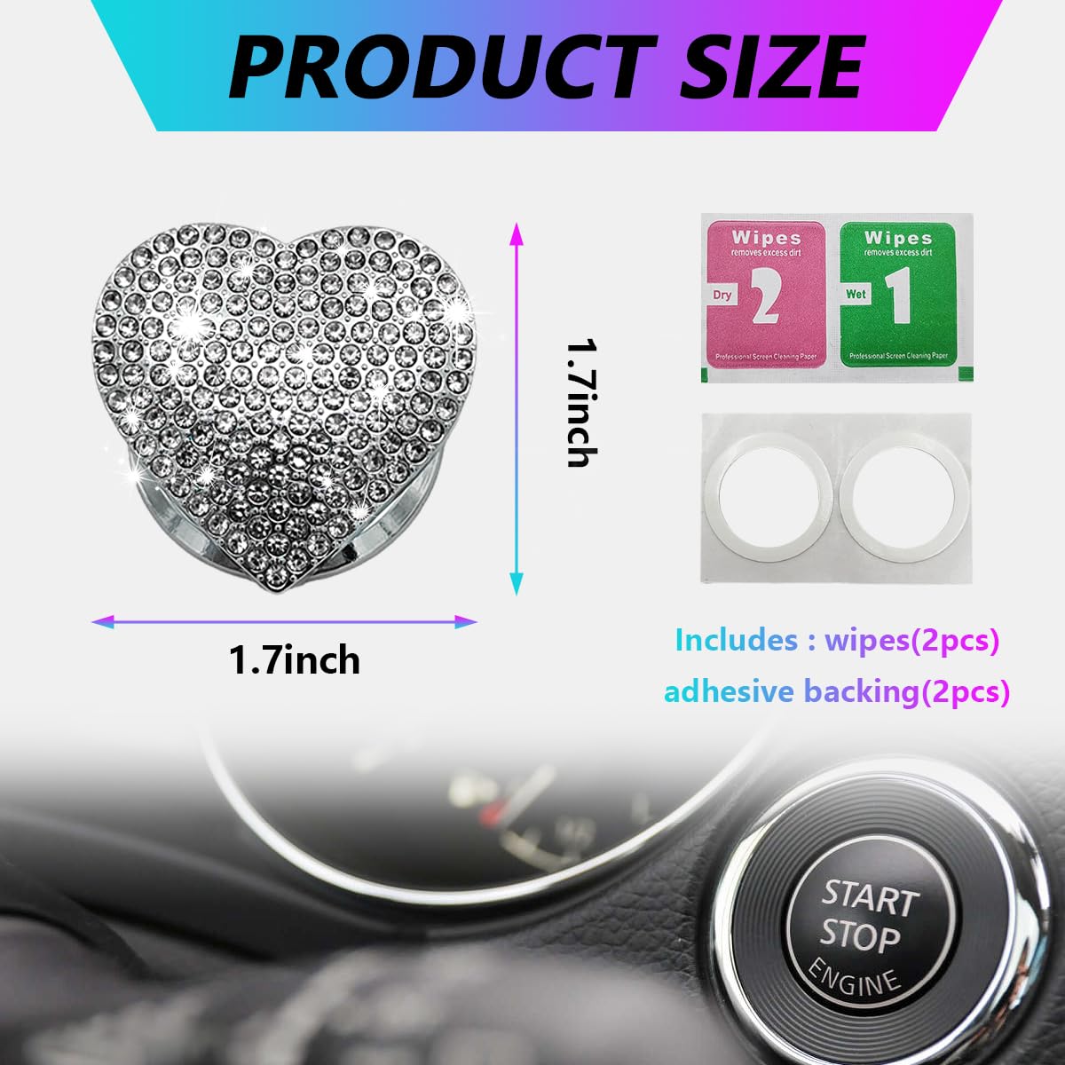 Sylvil Bling Car Engine Start Button Cover, White Rhinestone Decal for Women, Sparkly Heart Shape Ignition Accessory