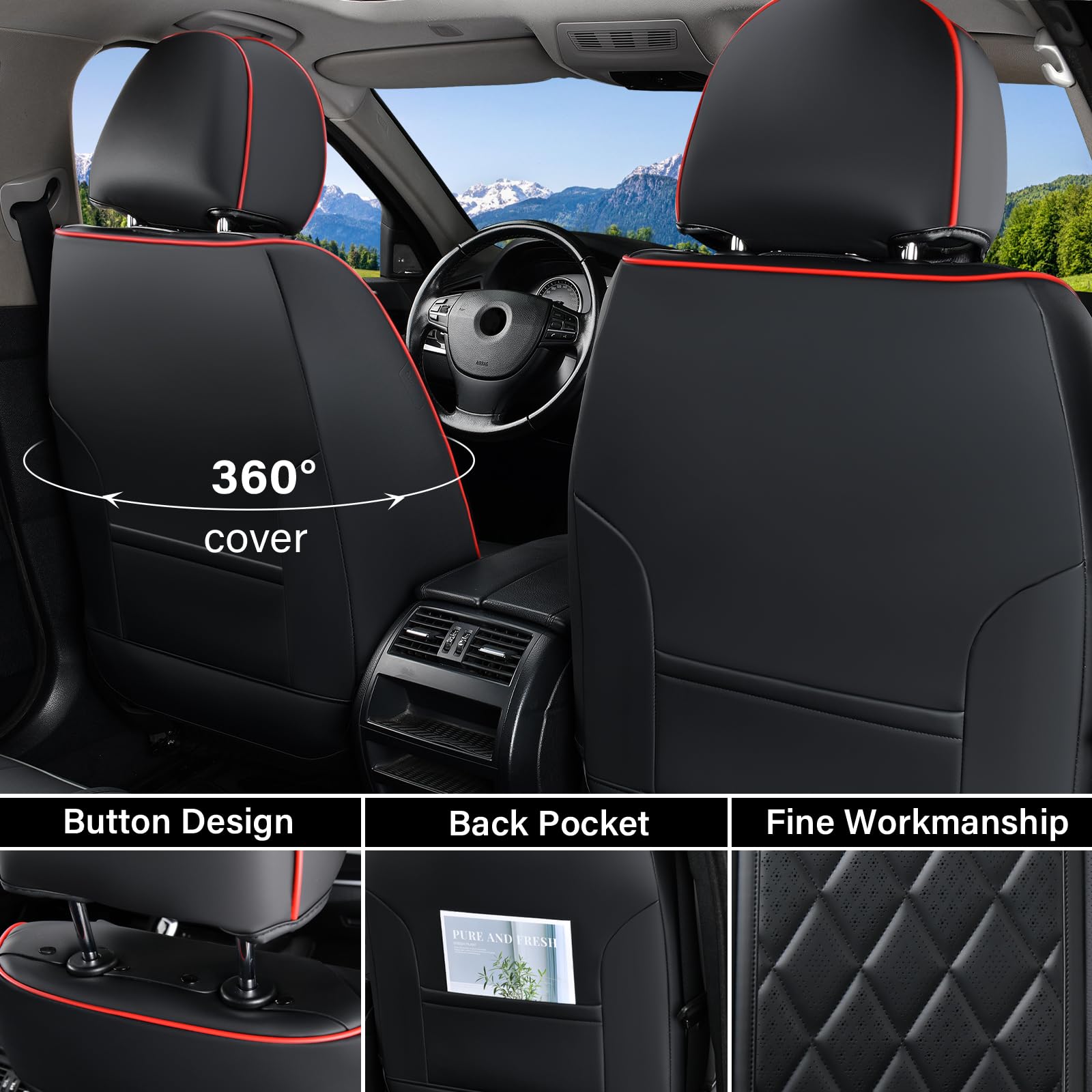 Coverado 2-Pack Faux Leather Car Seat Covers, Waterproof Front Seats, Black&Red, Universal Fit, Model XRC2118