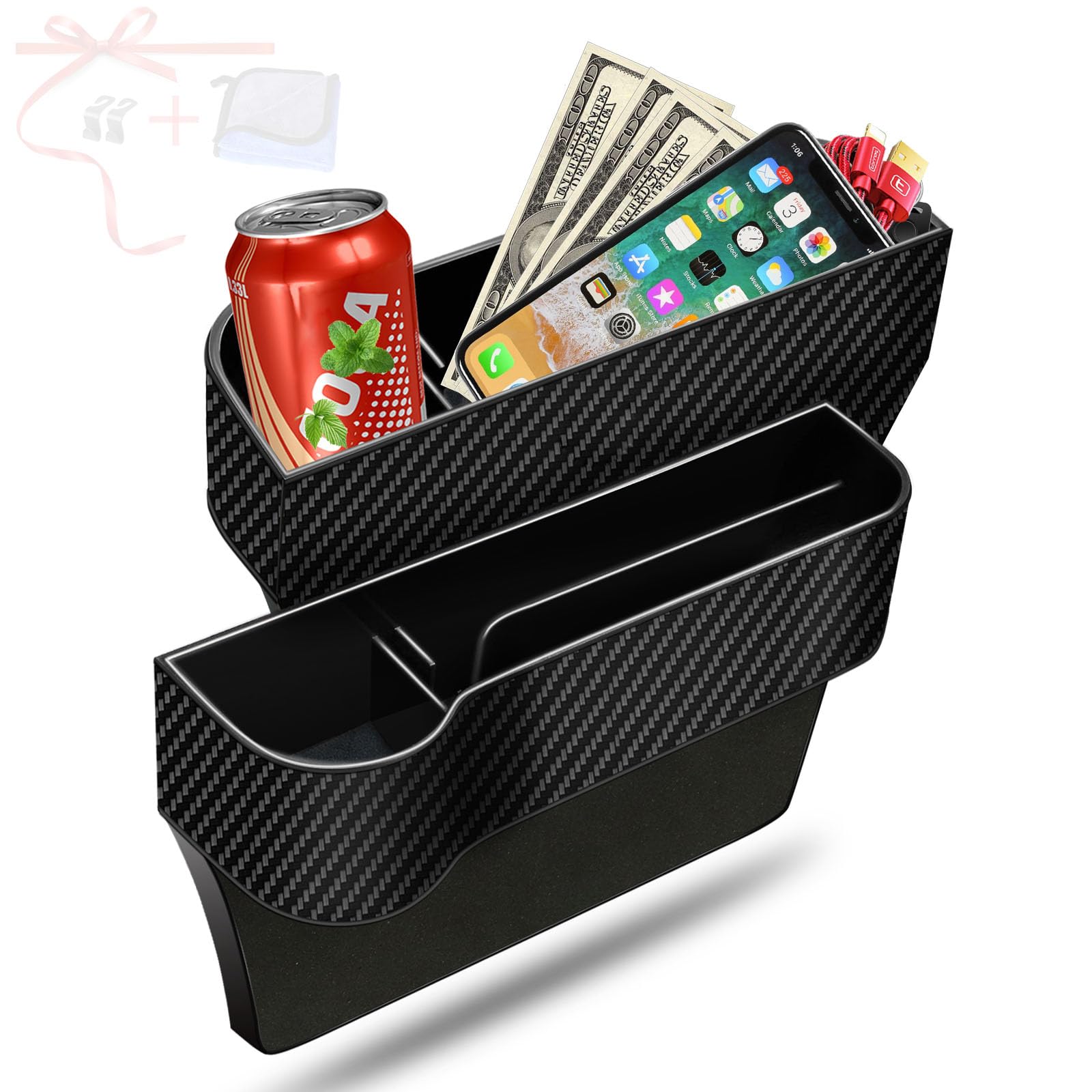 Car Seat Gap Filler Organizer, 2 Pack Multifunctional Auto Console Side Storage Box With Cup Holders 2 Seat Hooks For Drink, Car