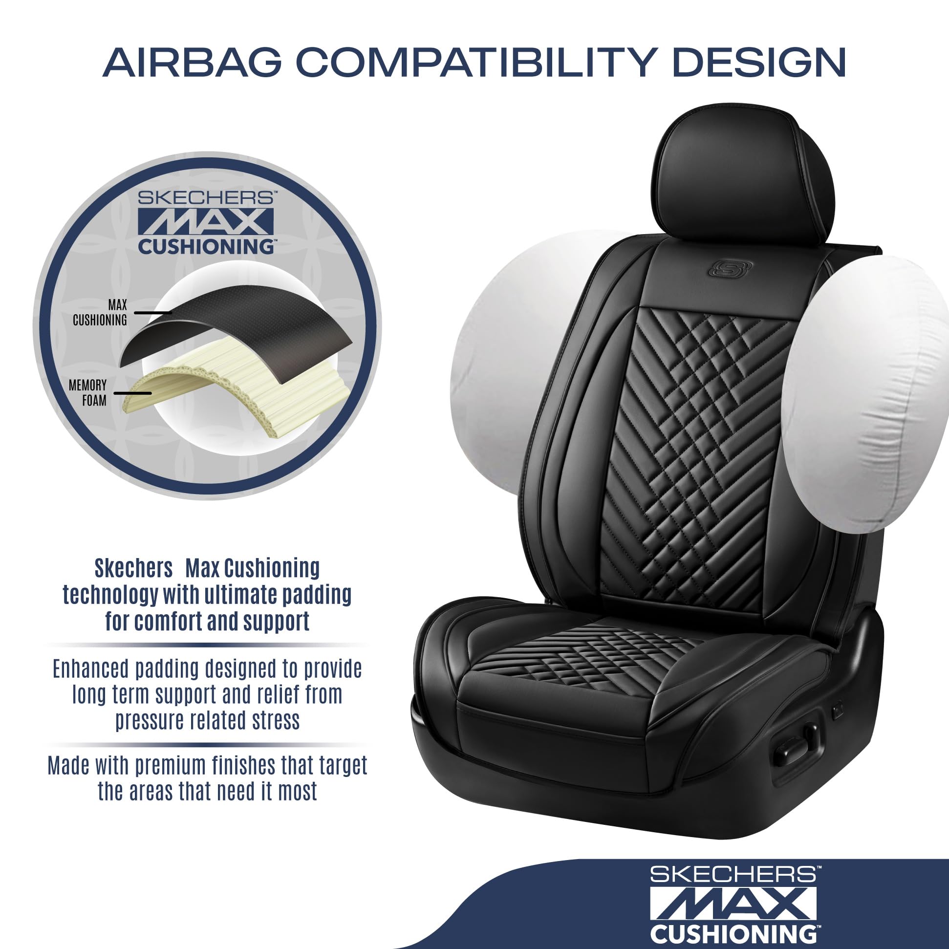 Skechers Car Seat Covers,MAX Cushioning Memory Foam Piping Leather Seat Covers,Waterproof Car Seat Protector Full Set,Car Seat C