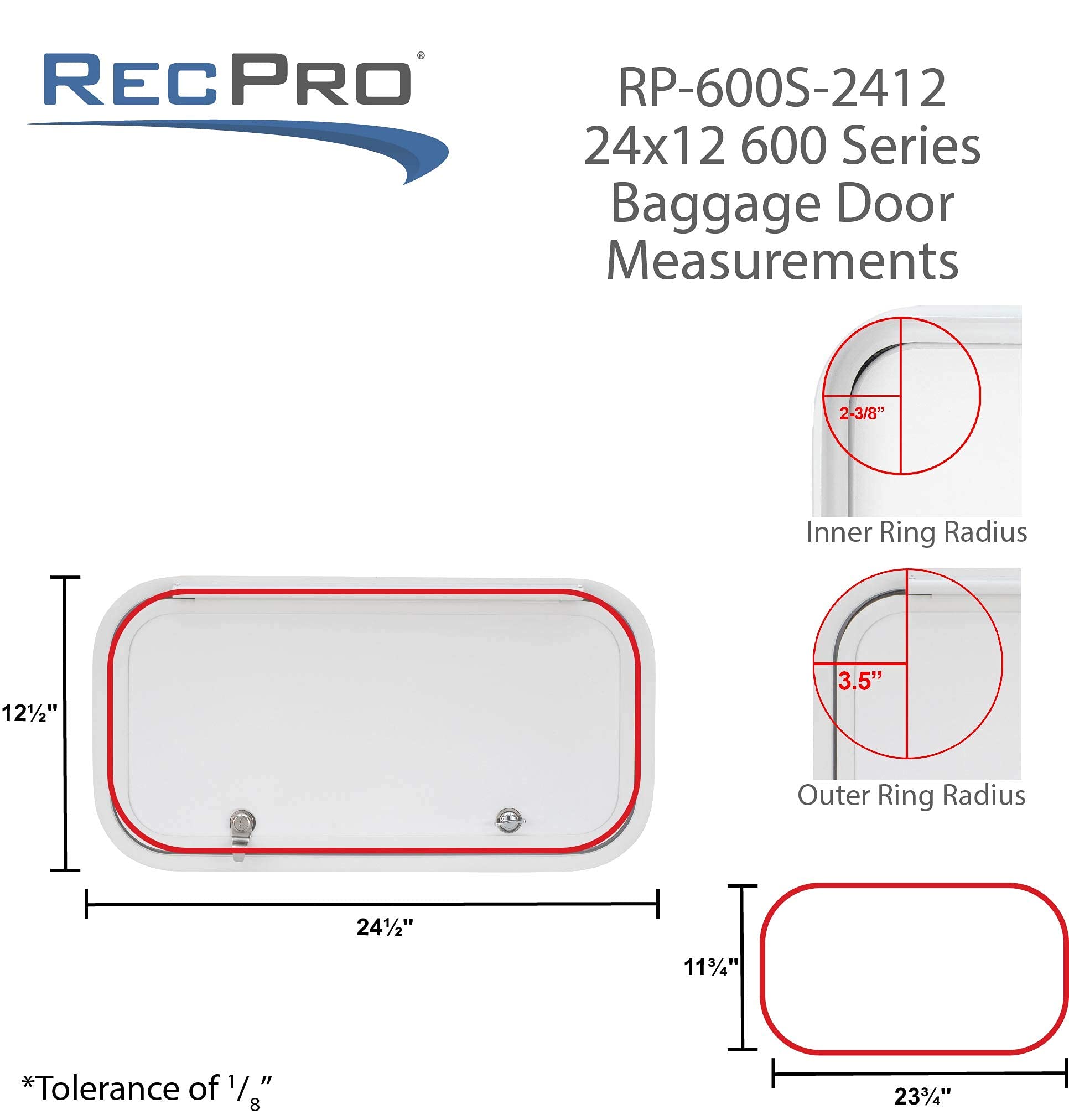 RecPro RV Baggage Door - Rounded Corners, Black Fiberglass, 24" W x 12" H, Model RP-600S-1209-BK, Made in America