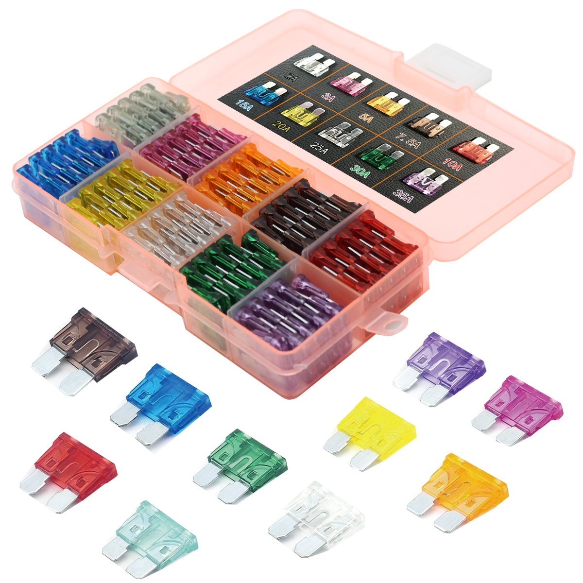 Glowgeek 100Pcs Assorted Auto Car Truck Standard Blade Fuse Assortment 2A 3A 5A 7.5 A 10A 15A 20A 25A 30A 35A Car Boat Truck Suv